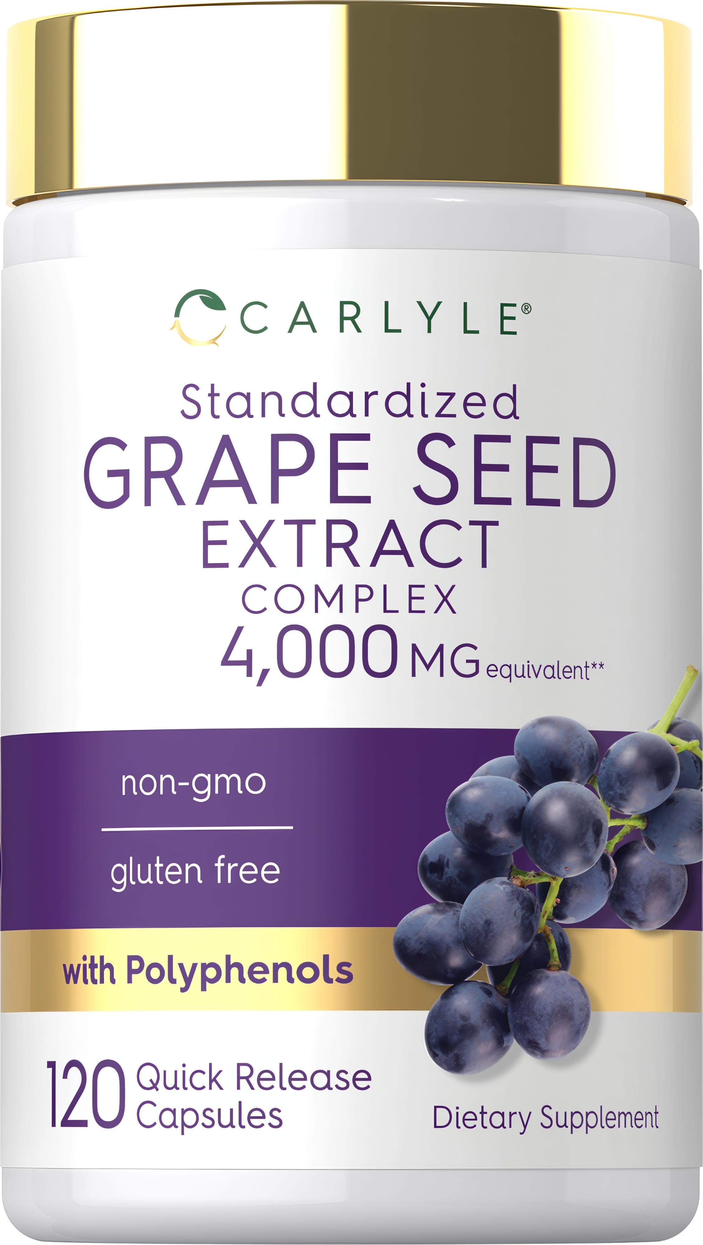 Carlyle Standardized Grape Seed Extract Complex, 4,000 MG equivalent with 120 Quick Release Capsules.