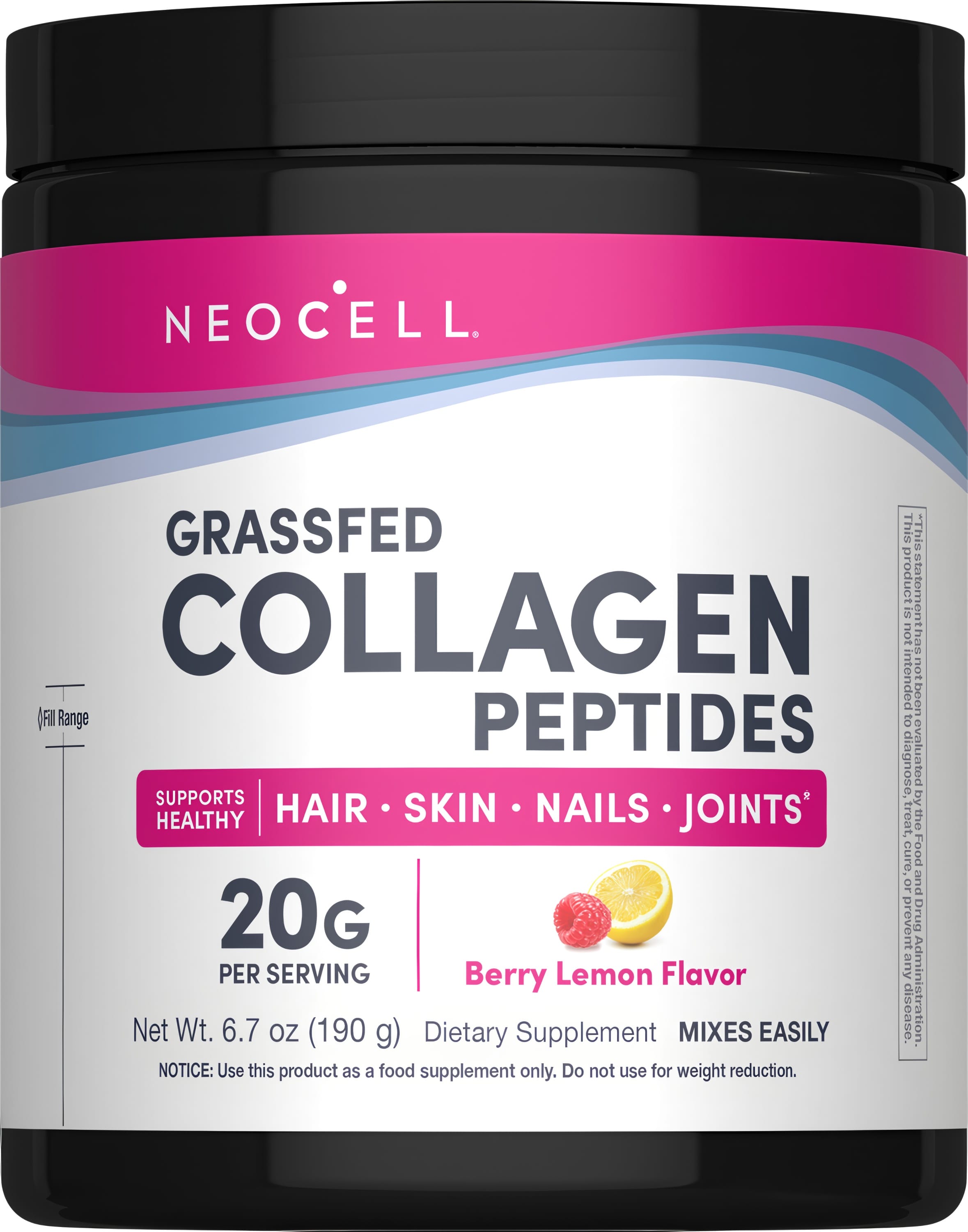 NCL Grassfed Collagen Peptides, Berry Lemon Flavor powder, 6.7 oz (190 g) container for joint and skin health.