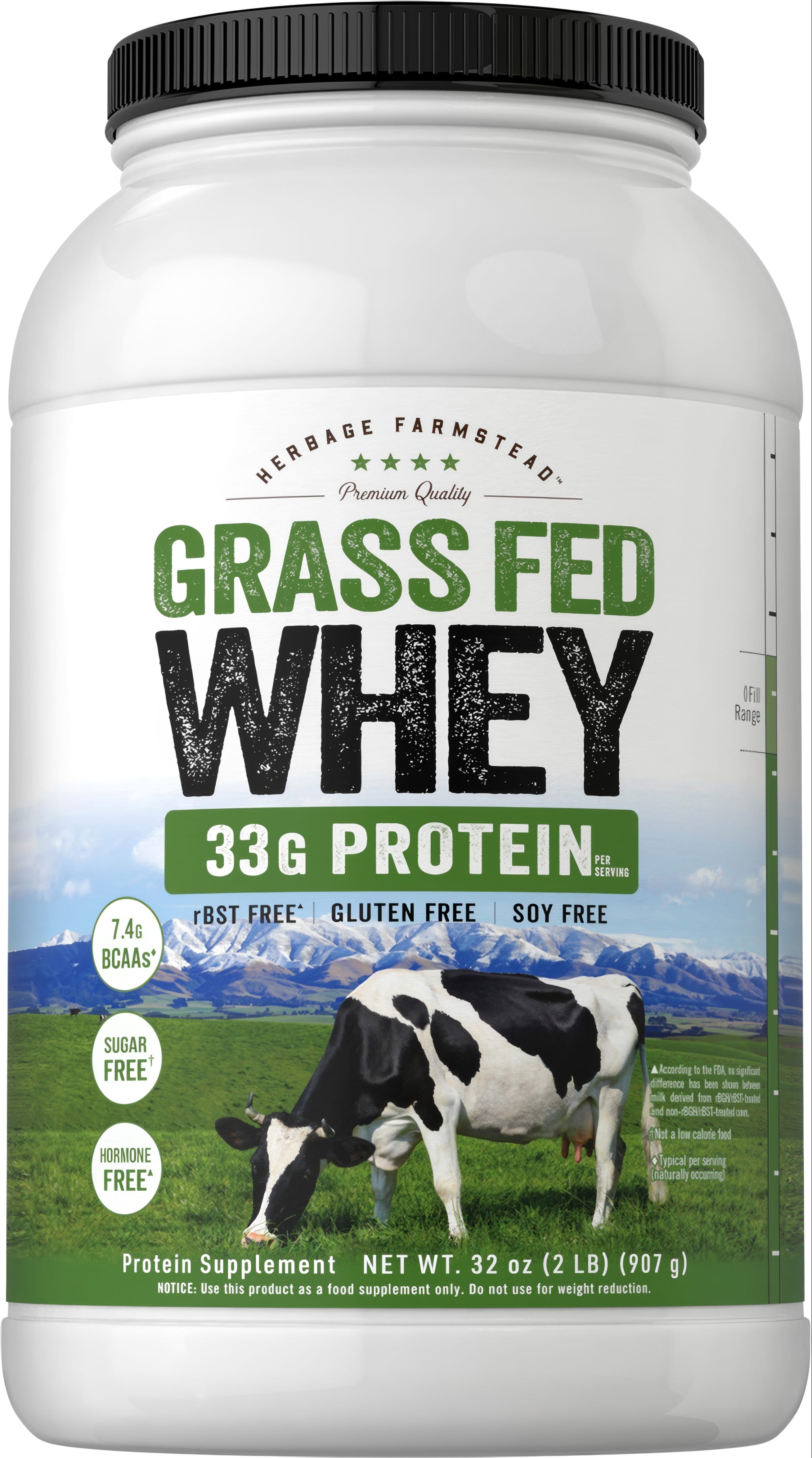 Carlyle Grass Fed Whey, 32 oz protein supplement with 33g protein, 7.4g BCAAs; free from rBST, gluten, soy, sugar, and hormones.