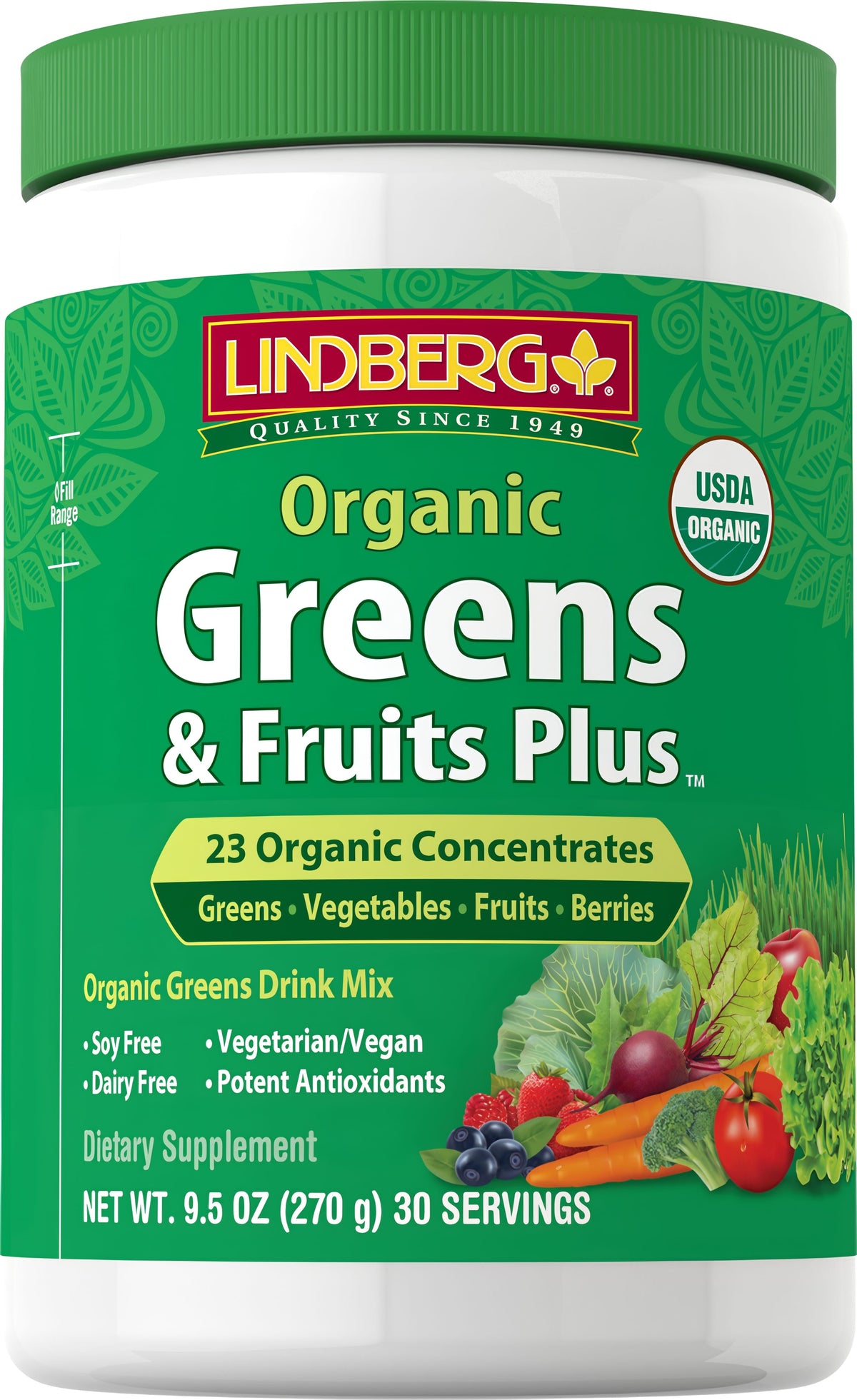 Lindberg Organic Greens & Fruits Plus Dietary Supplement, 9.5 oz (270 g), 30 servings.