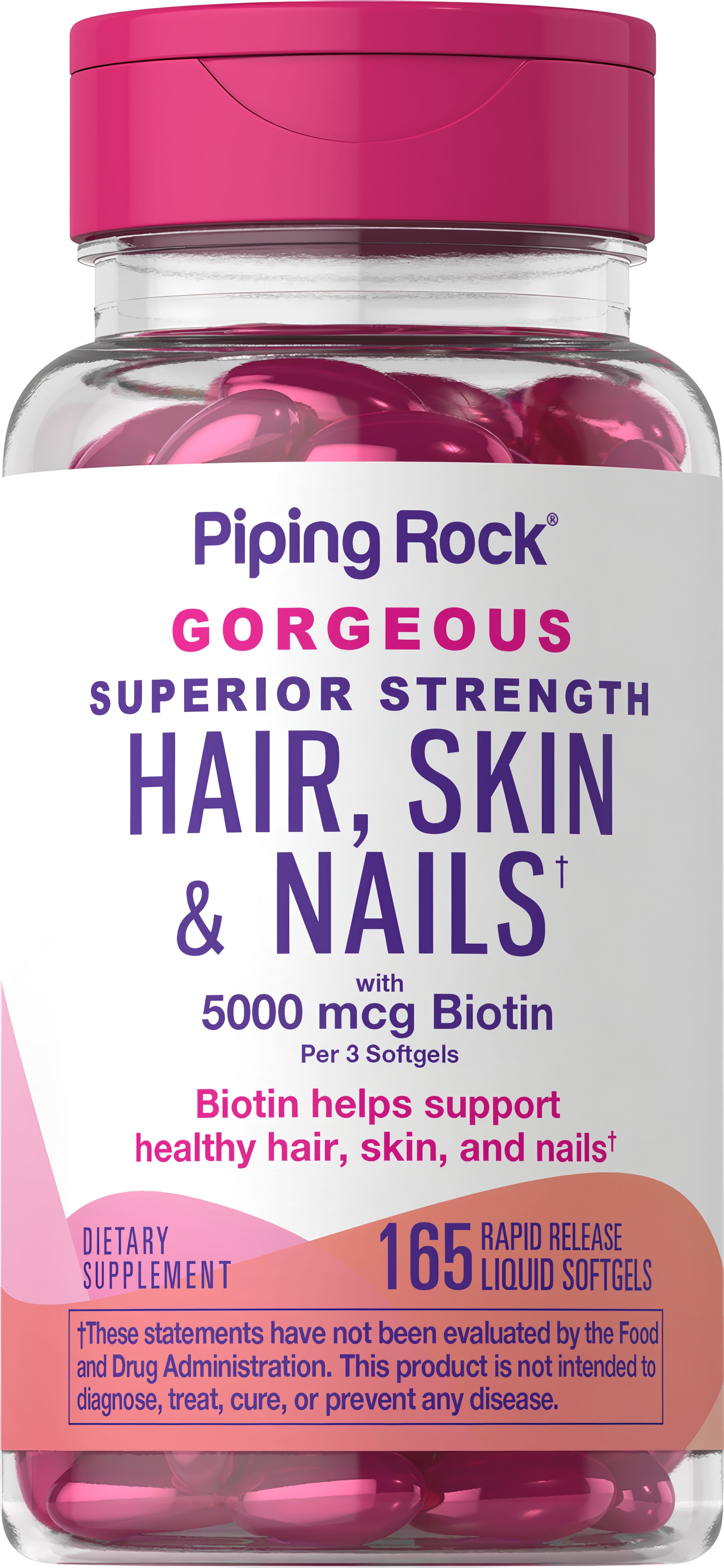 Superior Strength Hair, Skin & Nails with 5000 mcg Biotin in 165 Rapid Release Liquid Softgels bottle.