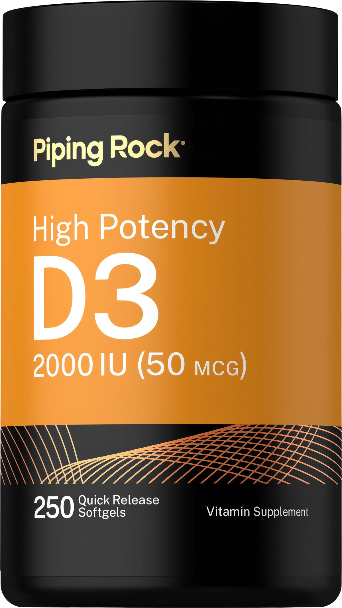 High Potency D3 2000 IU (50 MCG) bottle showing 250 quick release softgels for vitamin supplementation.