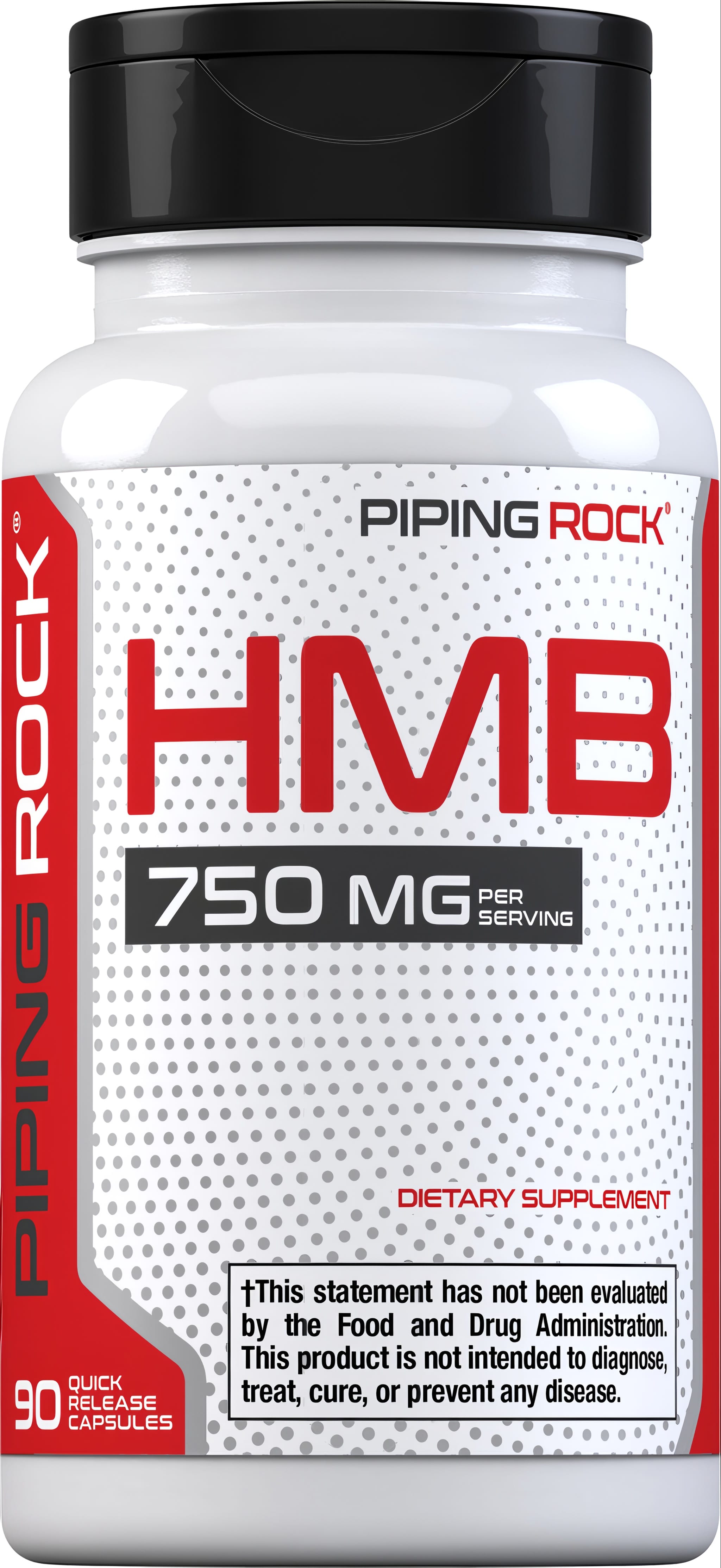 This is a bottle of HMB 750 mg Quick Release Capsules, available in a 90 count for dietary supplementation.