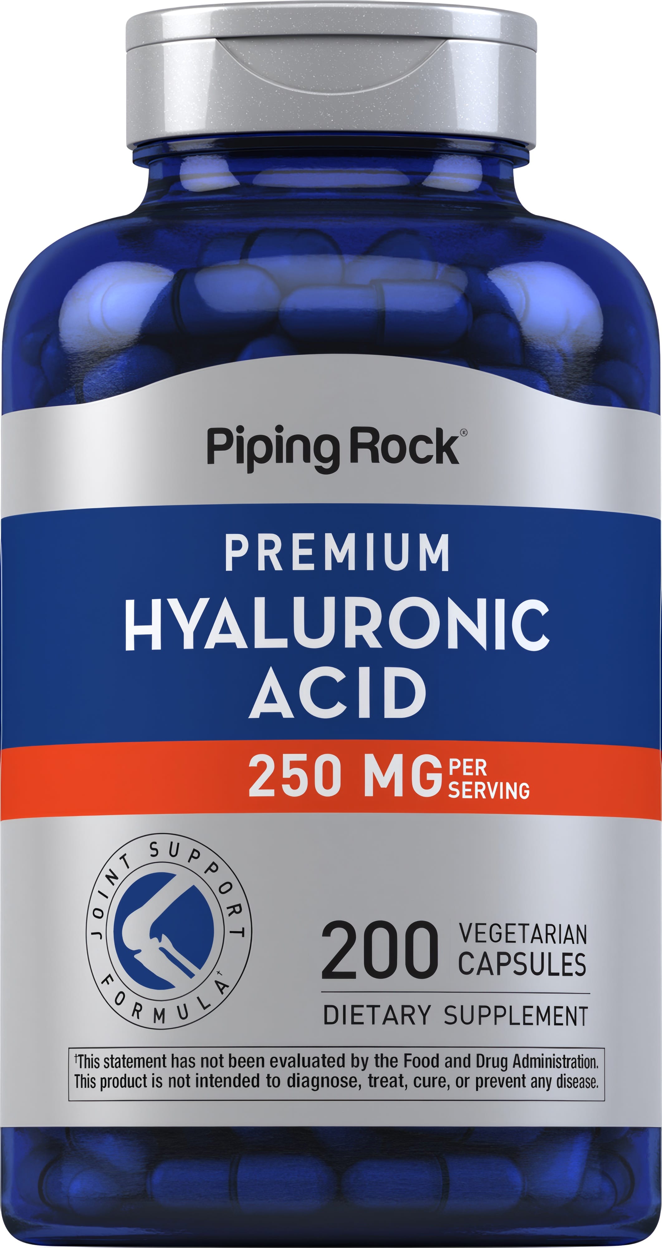 Premium Hyaluronic Acid supplement, 250 mg, comes in a bottle with 200 vegetarian capsules for joint and skin health.