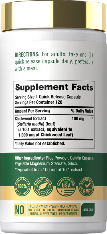 Carlyle Chickweed 1000 mg (from 10:1 extract) in 120 quick-release capsules.