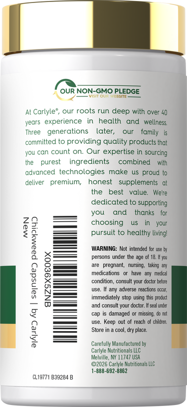 Carlyle Chickweed supplement, 1000 mg per serving, 120 capsules bottle.