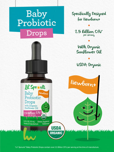 Product highlights graphic stating Specifically Designed for Newborn+, 2.5 Billion CFU* per serving, With Organic Sunflower Oil, USDA Organic.