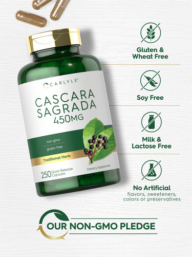 Cascara Sagrada bottle with icons indicating Gluten & Wheat Free, Soy Free, Milk & Lactose Free, No Artificial Flavors or Preservatives, Non-GMO.