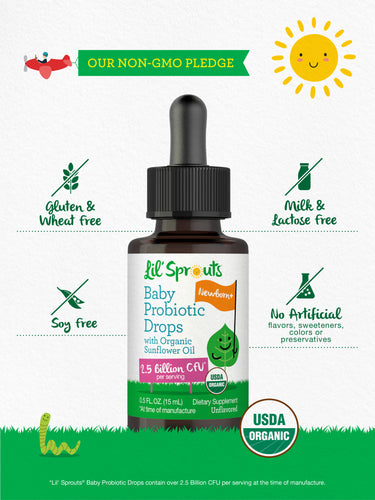 Probiotic bottle with icons indicating Non-GMO, Gluten Free, Milk Free, Soy Free, No Artificial Additives, USDA Organic.