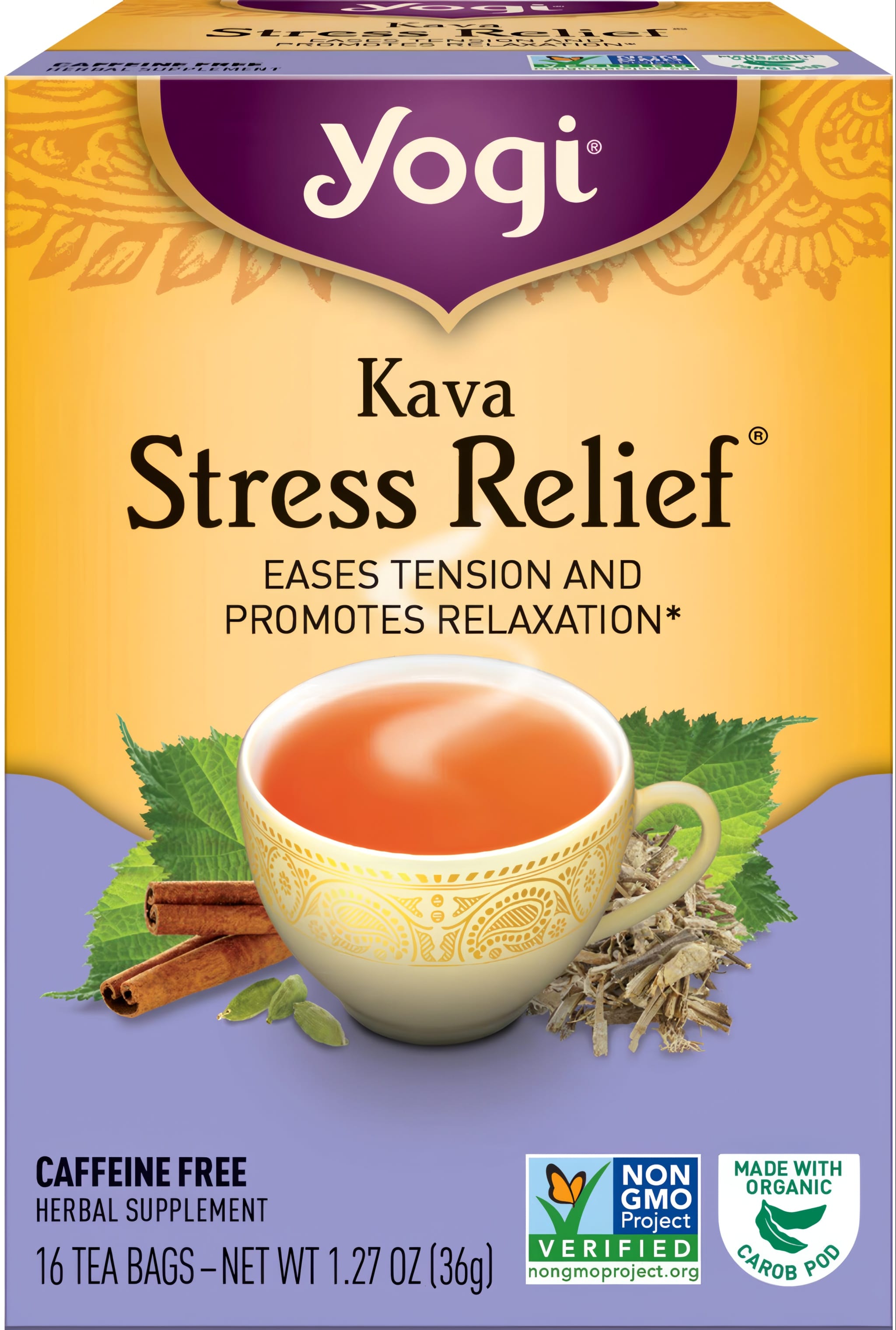 Yogi Kava Stress Relief tea with 16 caffeine-free bags is a herbal supplement to support relaxation.