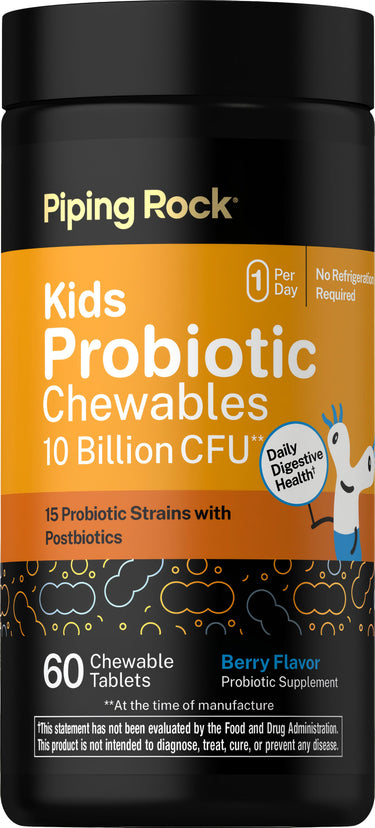 Kids Probiotic Chewables, 10 Billion CFU, 15 Probiotic Strains with Postbiotics, Berry Flavor, 60 Chewable Tablets.