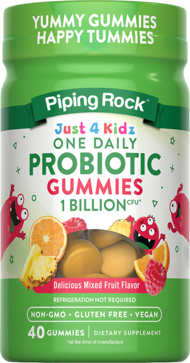Just 4 Kidz Probiotic Gummies, 1 Billion CFU, 40 Gummies. Mixed Fruit Flavor, Non-GMO, Gluten Free, Vegan. Yummy Gummies Happy Tummies.