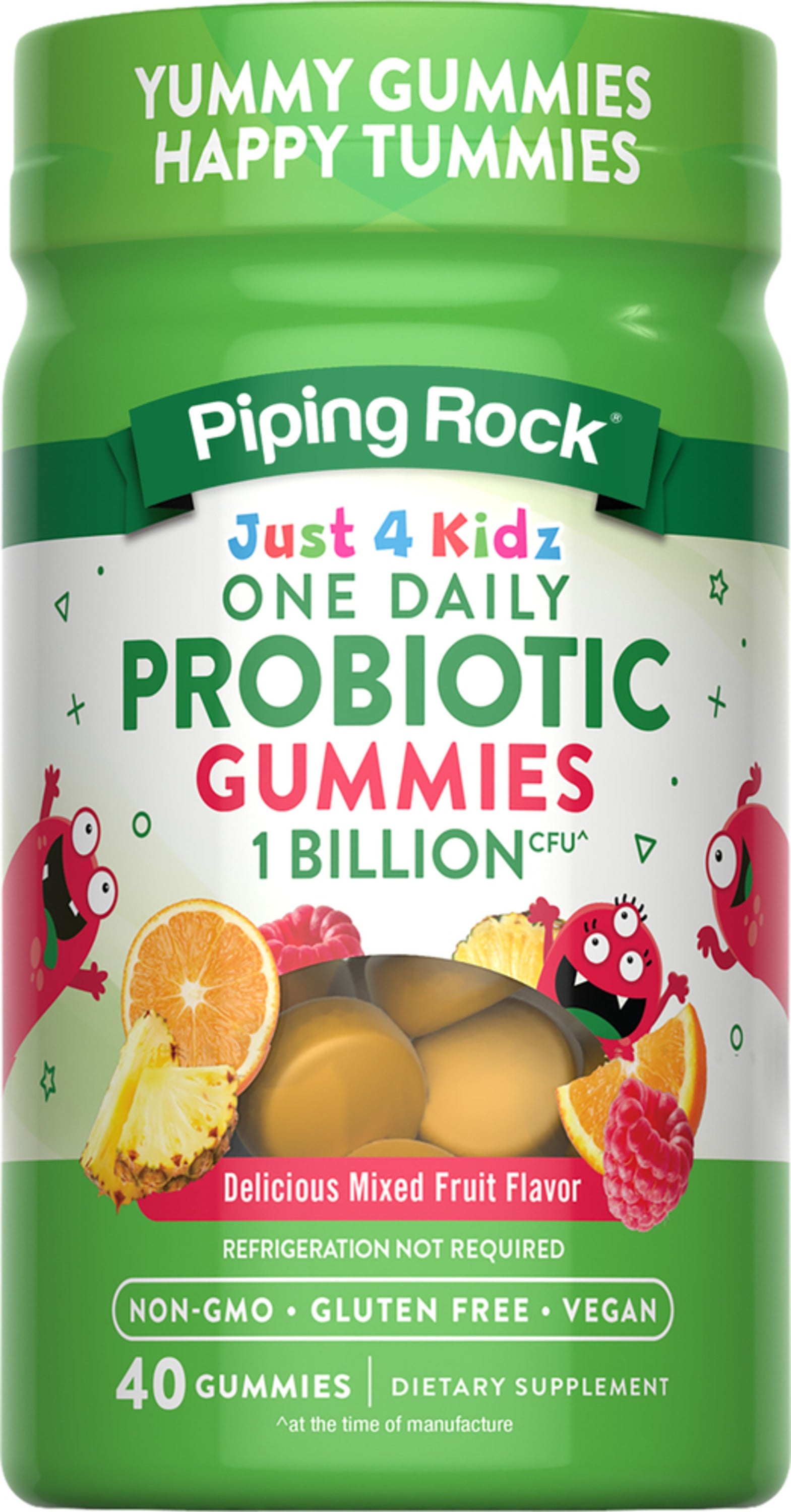 Just 4 Kidz Probiotic Gummies, 1 Billion CFU, 40 Gummies. Mixed Fruit Flavor, Non-GMO, Gluten Free, Vegan. Yummy Gummies Happy Tummies.
