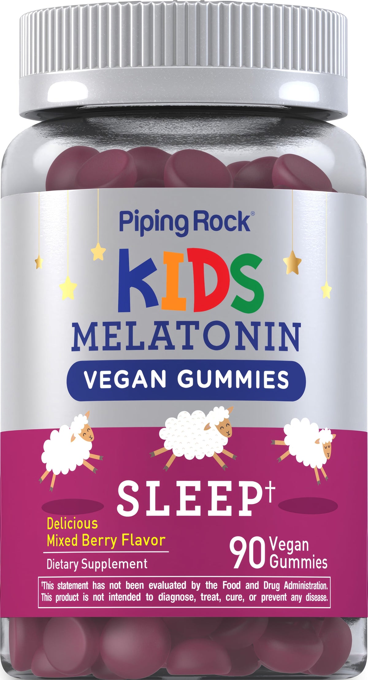 Vegan melatonin gummies for kids in mixed berry flavor, 90 gummies per bottle.