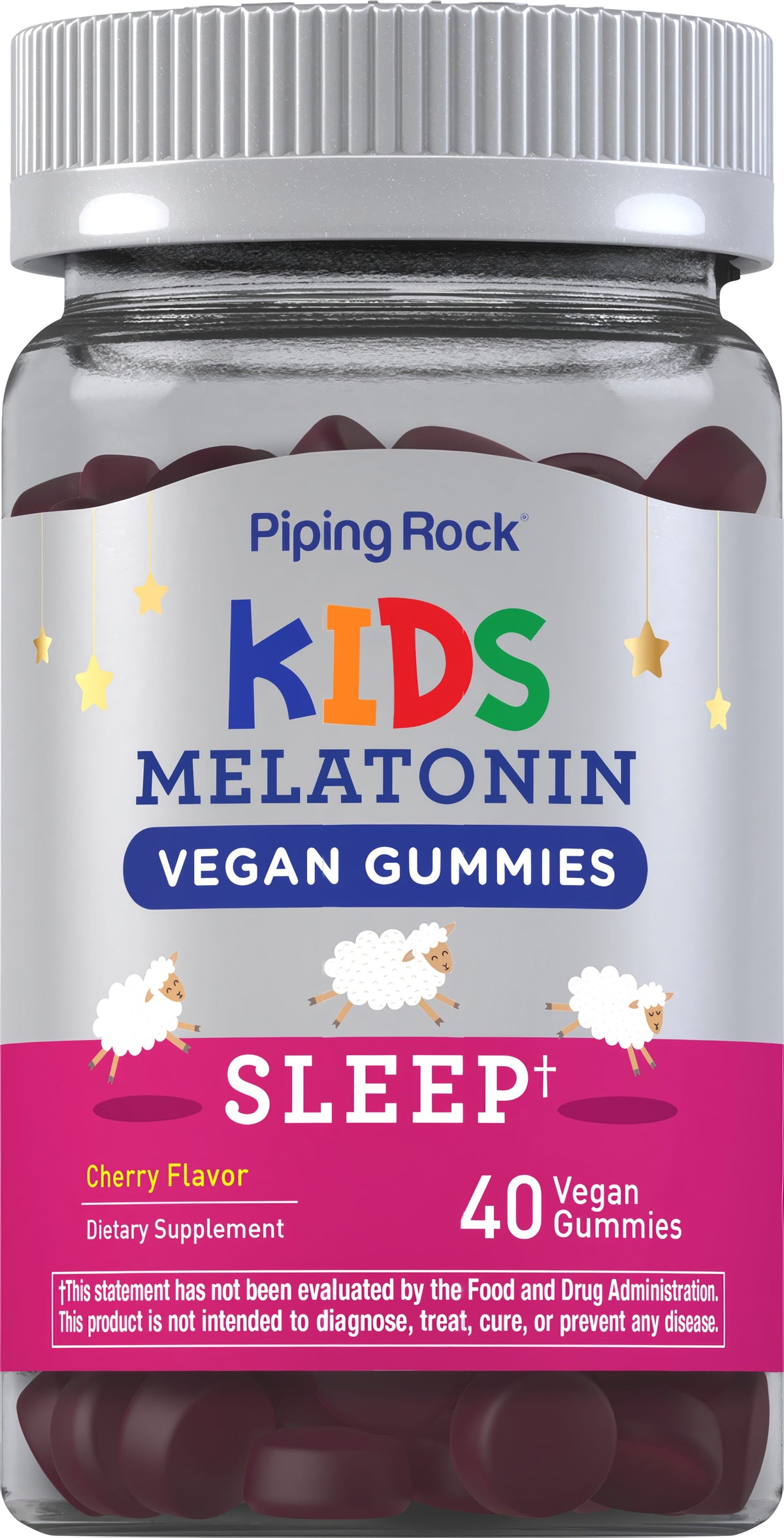 Cherry flavor vegan melatonin gummies for kids, 40-count dietary supplement bottle.