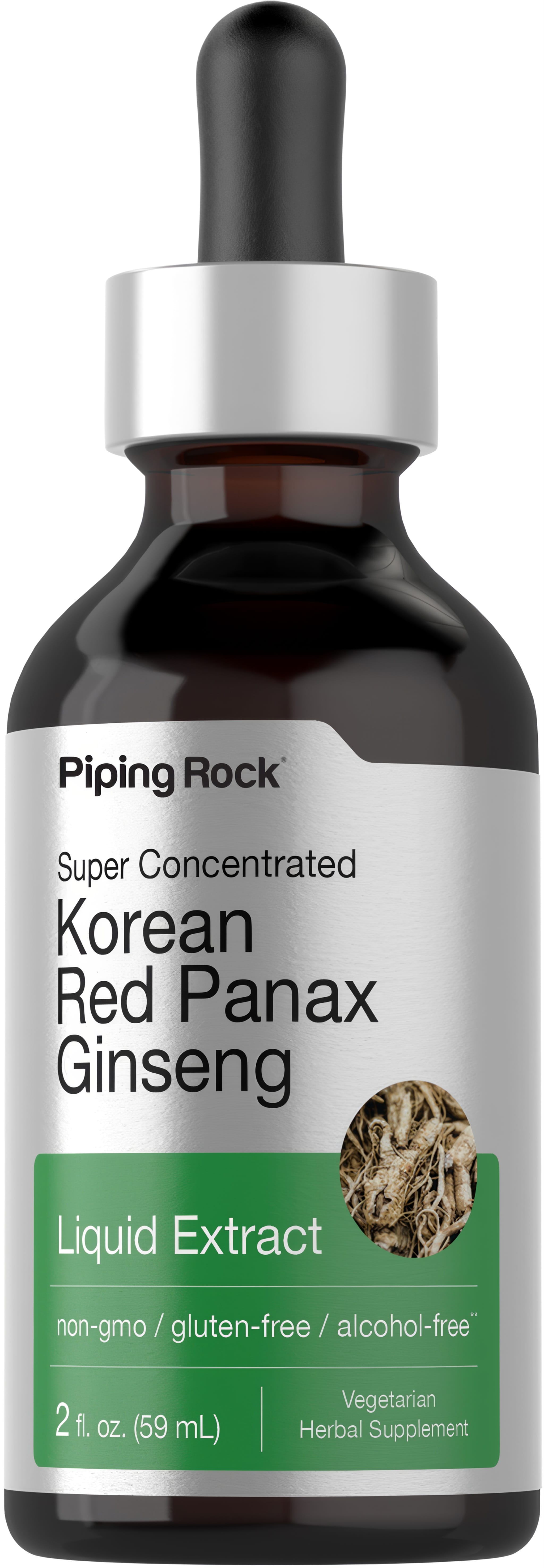 Korean Ginseng Liquid Extract, 2 fl. oz. (59 mL), super concentrated, non-gmo, gluten-free, alcohol-free, vegetarian formula.