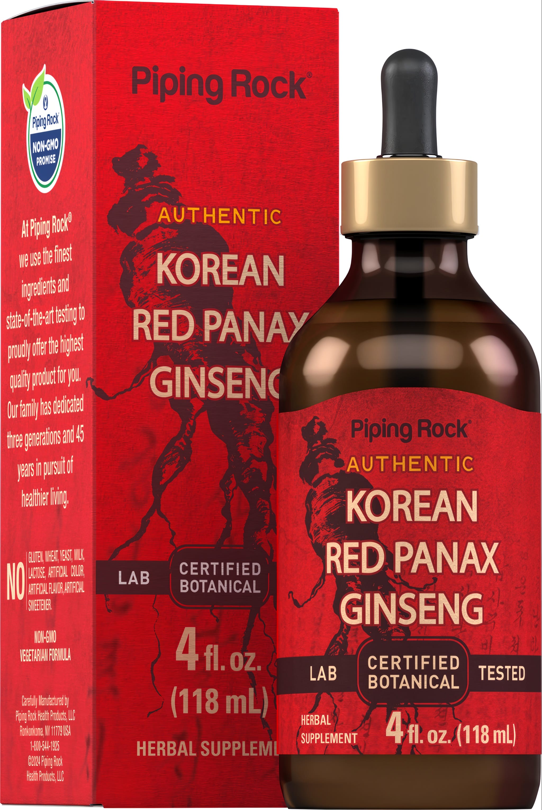 Authentic Korean Red Panax Ginseng supplement, 4 fl. oz. (118 mL) dropper bottle with red box.