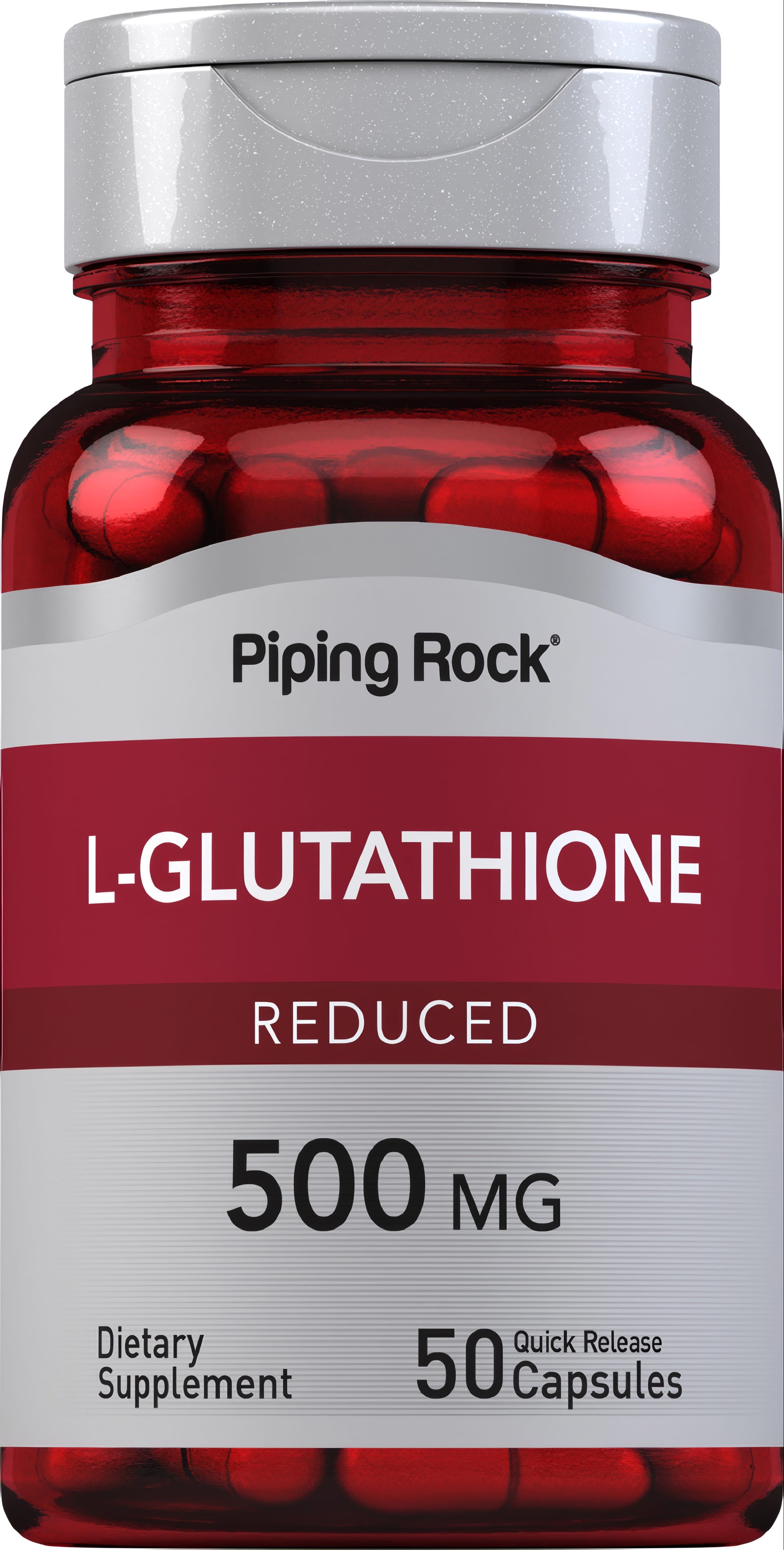 L-Glutathione Reduced 500 MG, 50 quick release capsules in a plastic bottle, designed for antioxidant support and immune health.
