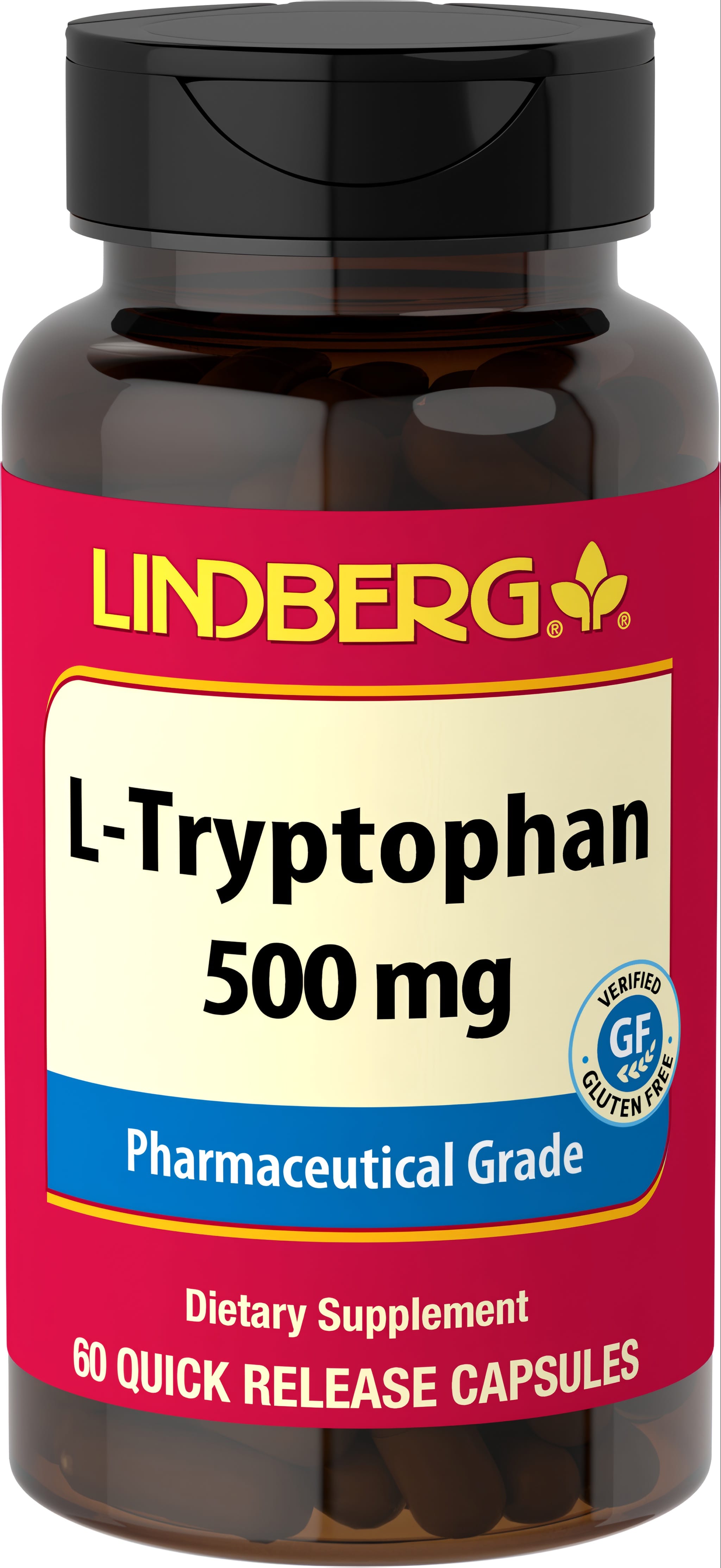 LINDBERG L-Tryptophan 500 mg dietary supplement with 60 quick release capsules, pharmaceutical grade.