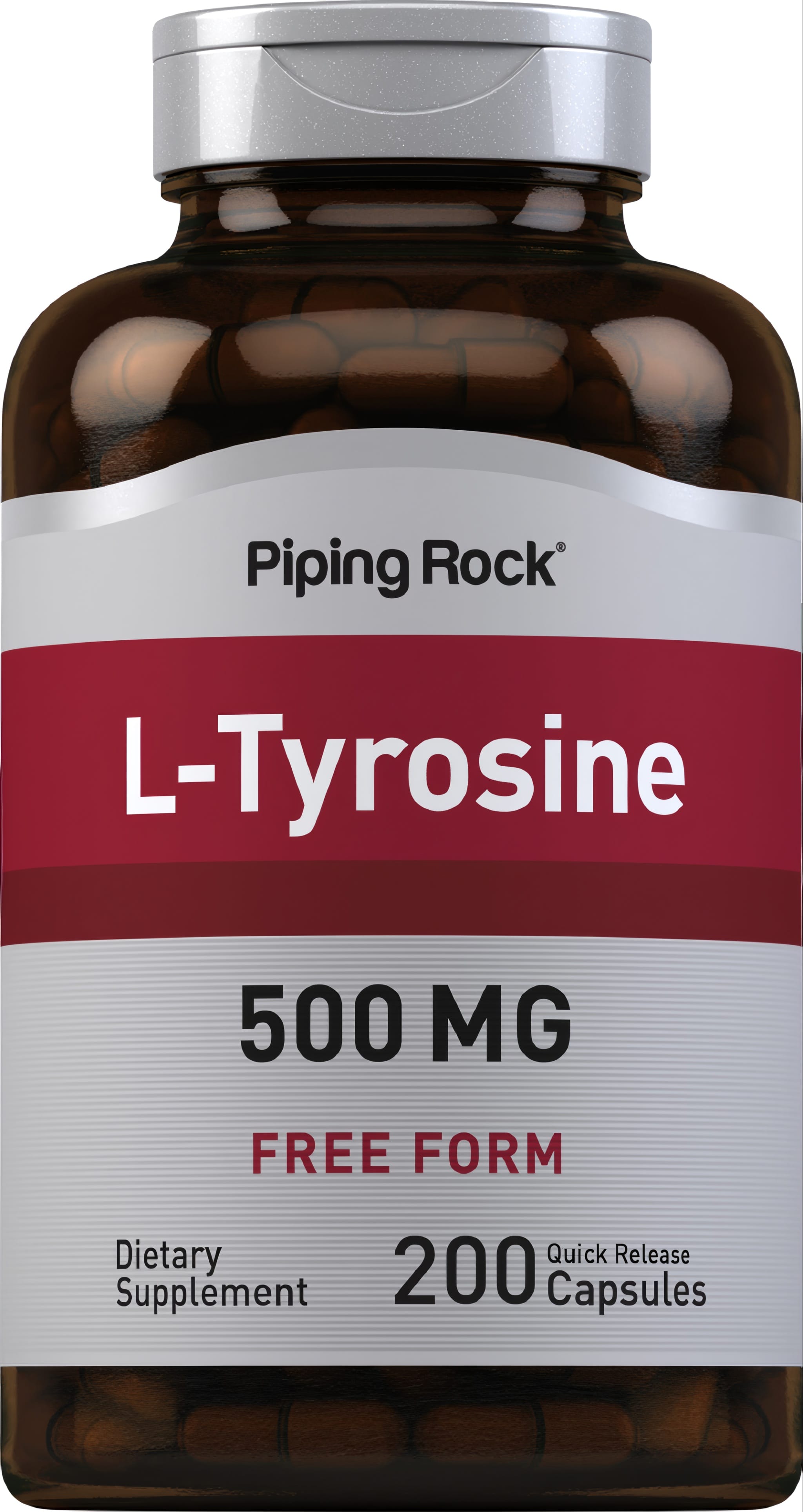A bottle of L-Tyrosine 500 MG FREE FORM Dietary Supplement with 200 quick-release capsules.