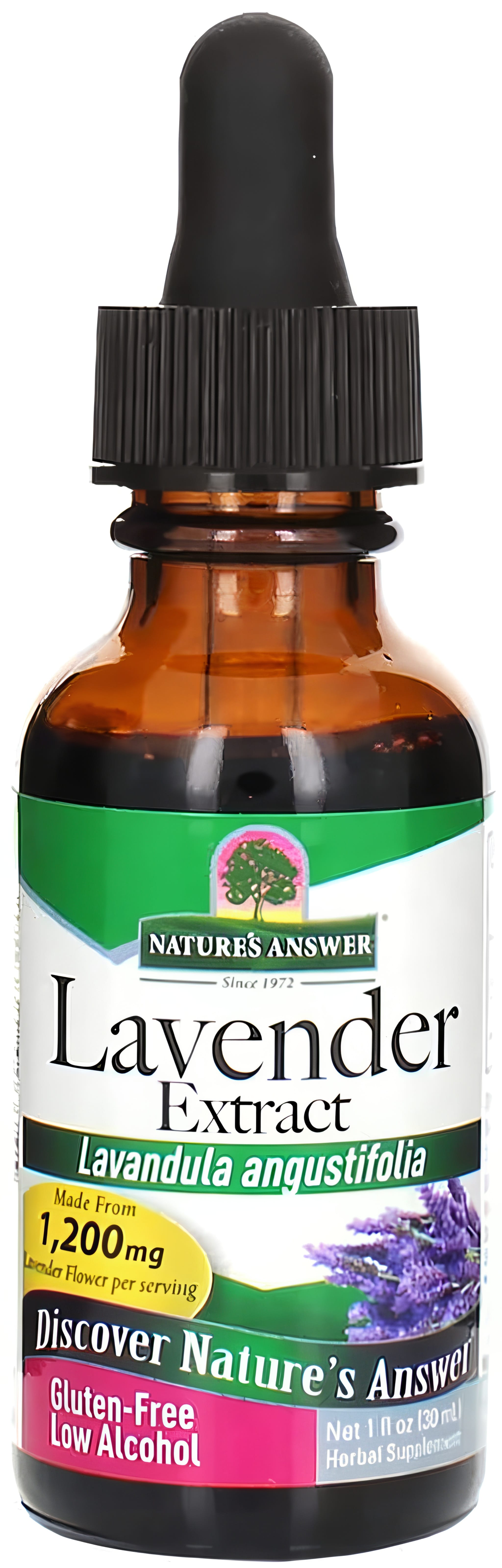 Nature's Answer Lavender Extract, 1 fl oz (30 mL). Gluten-free, low alcohol, 1,200mg lavender flower per serving.
