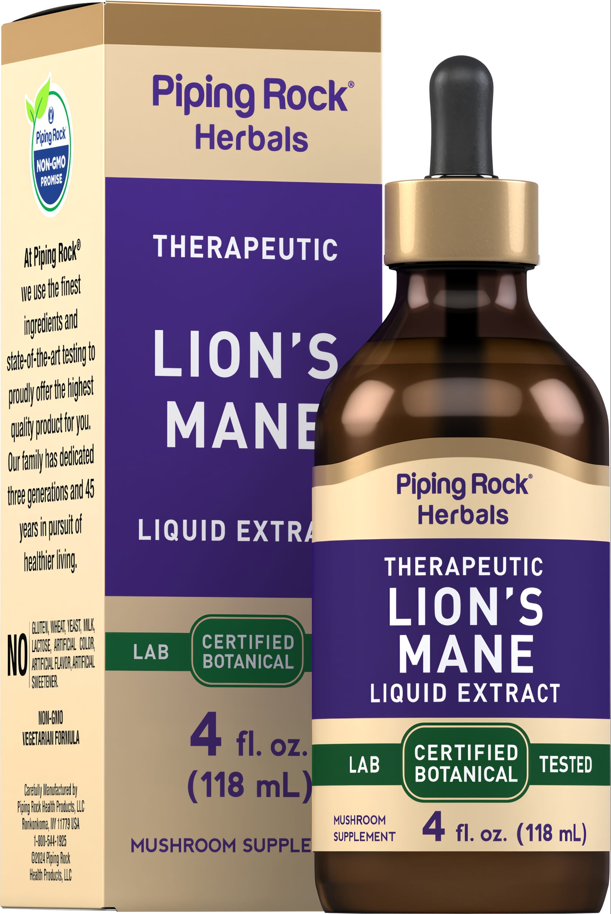 Lion's Mane Mushroom Liquid Extract 4 fl oz (118 mL) bottle and box, a therapeutic mushroom supplement.
