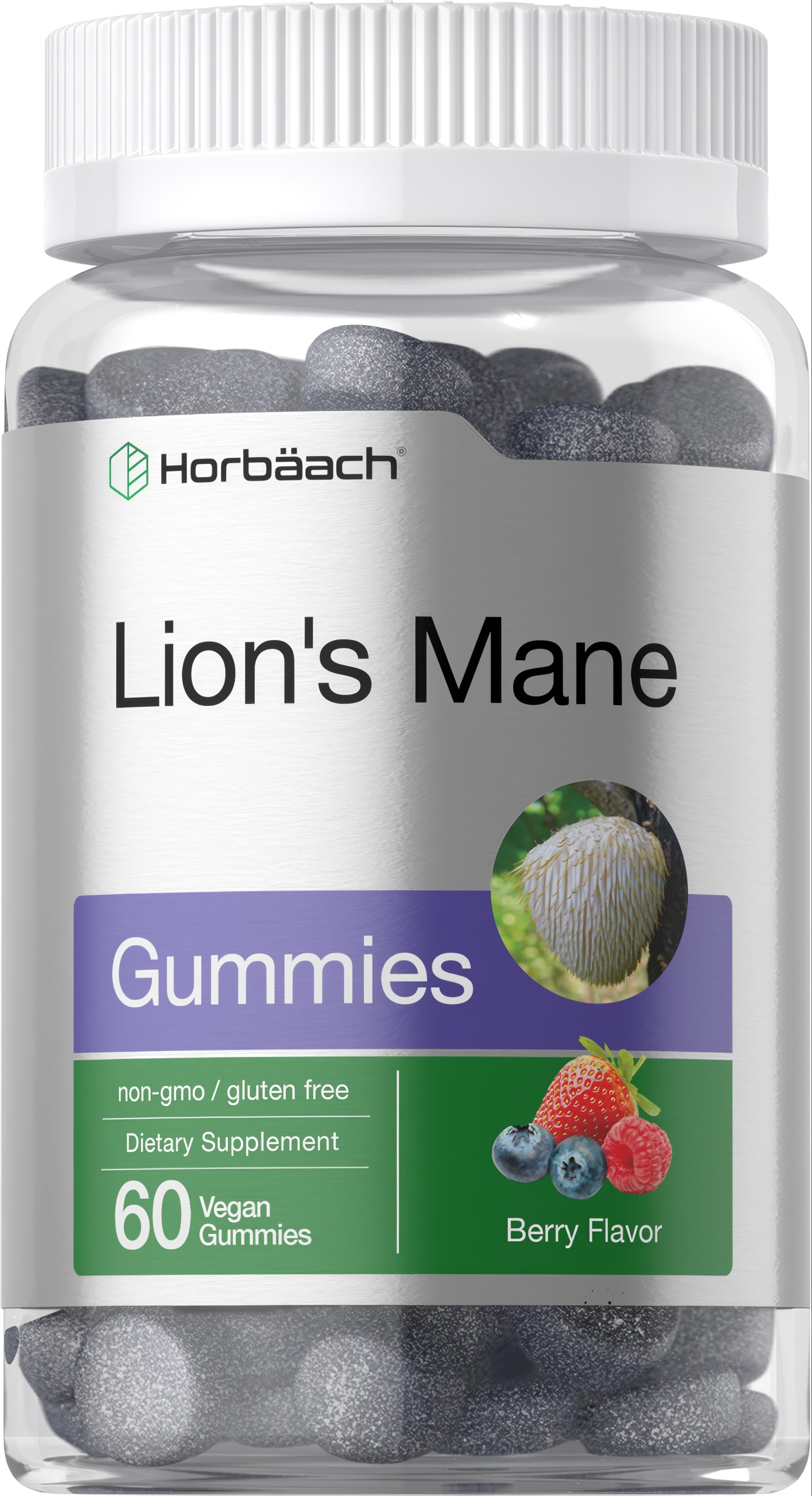 Horbäach Lion's Mane 60 vegan gummies in berry flavor, shown in a jar. A dietary supplement for wellness.