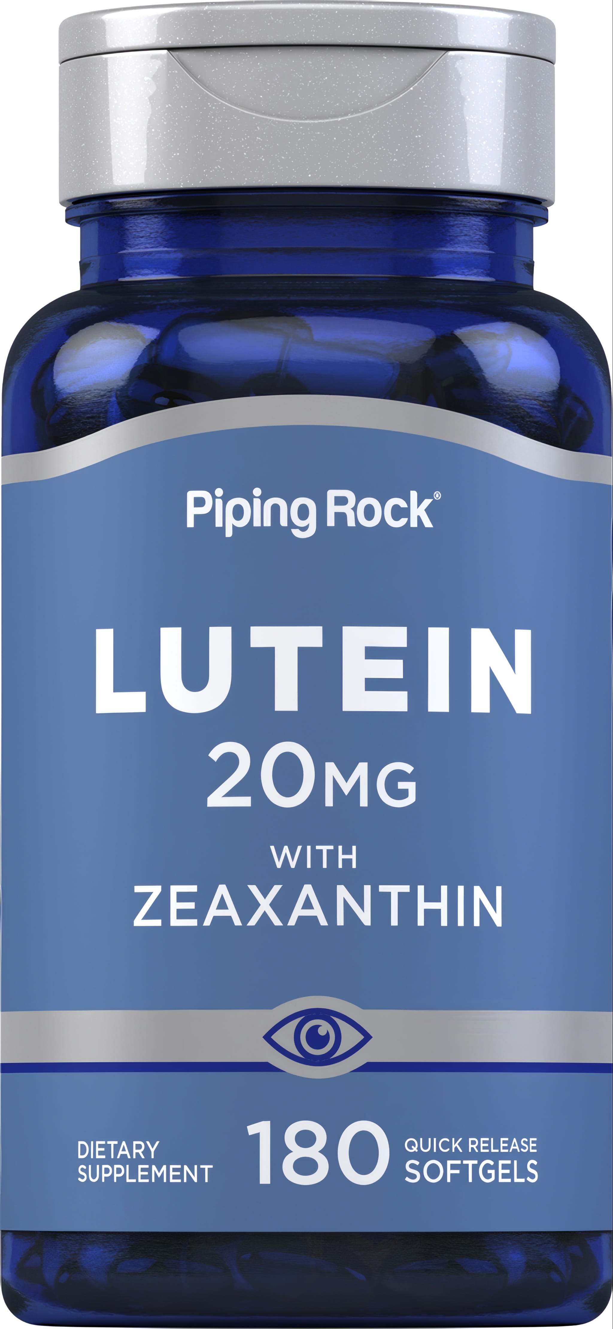 Lutein 20 mg with Zeaxanthin dietary supplement, containing 180 quick release softgels.