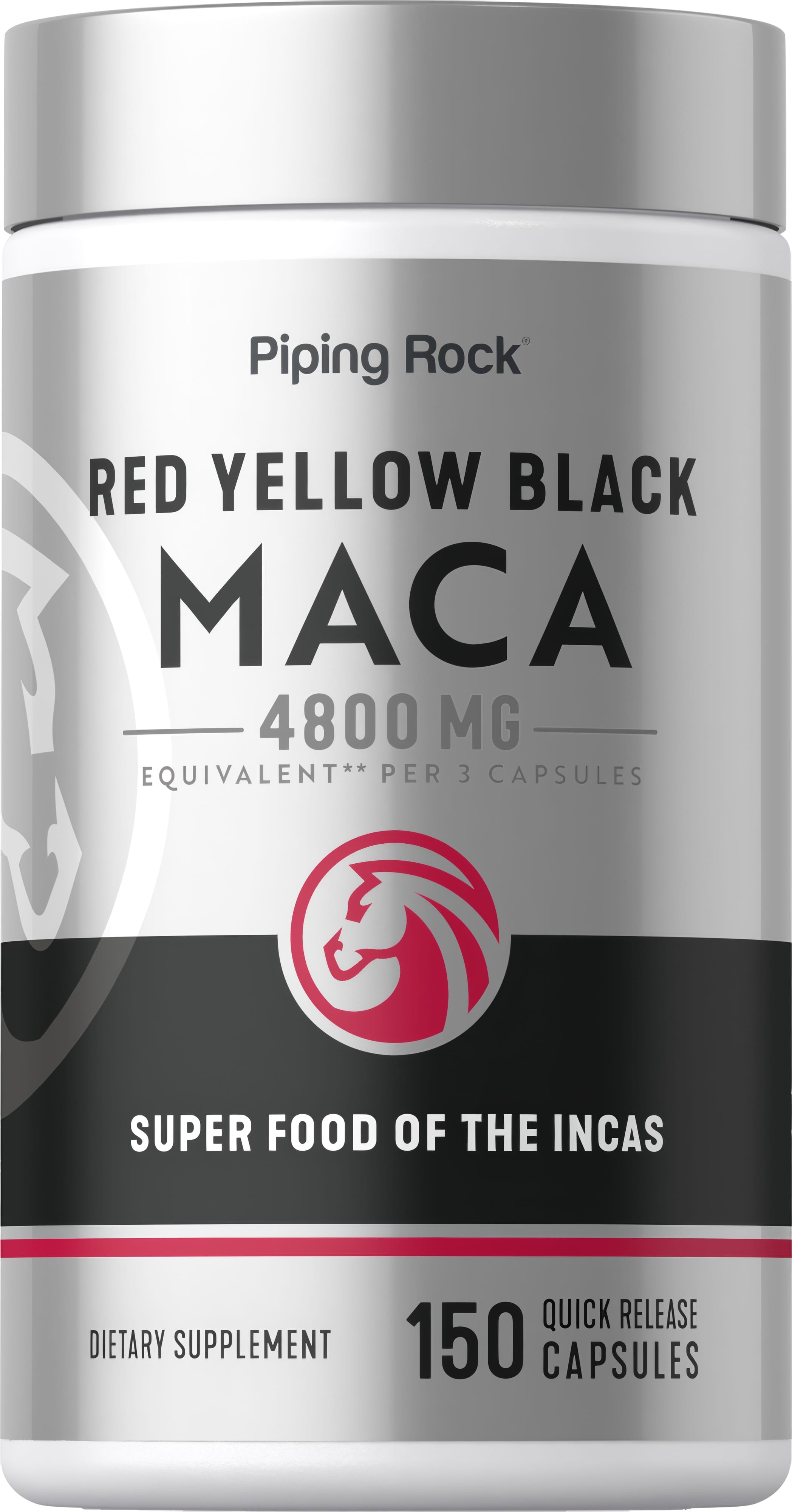 Red Yellow Black Maca 4800 mg equivalent, 150 quick-release capsules, dietary supplement.