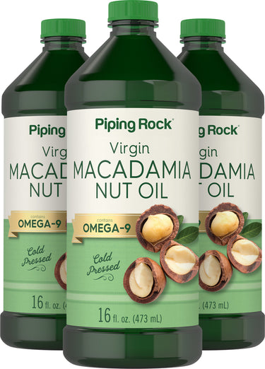 Three 16 fl. oz. bottles of cold pressed Virgin Macadamia Nut Oil, each containing Omega-9.