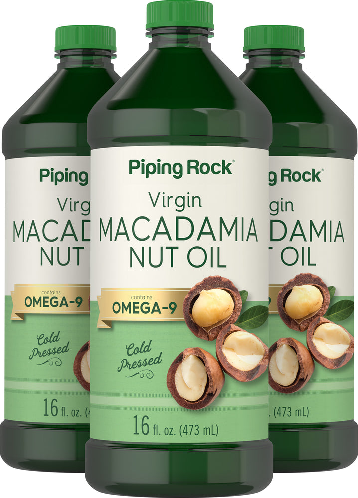 Three 16 fl. oz. bottles of cold pressed Virgin Macadamia Nut Oil, each containing Omega-9.