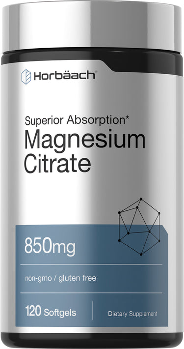 Image showing a bottle of Superior Absorption Magnesium Citrate 850mg containing 120 softgels.