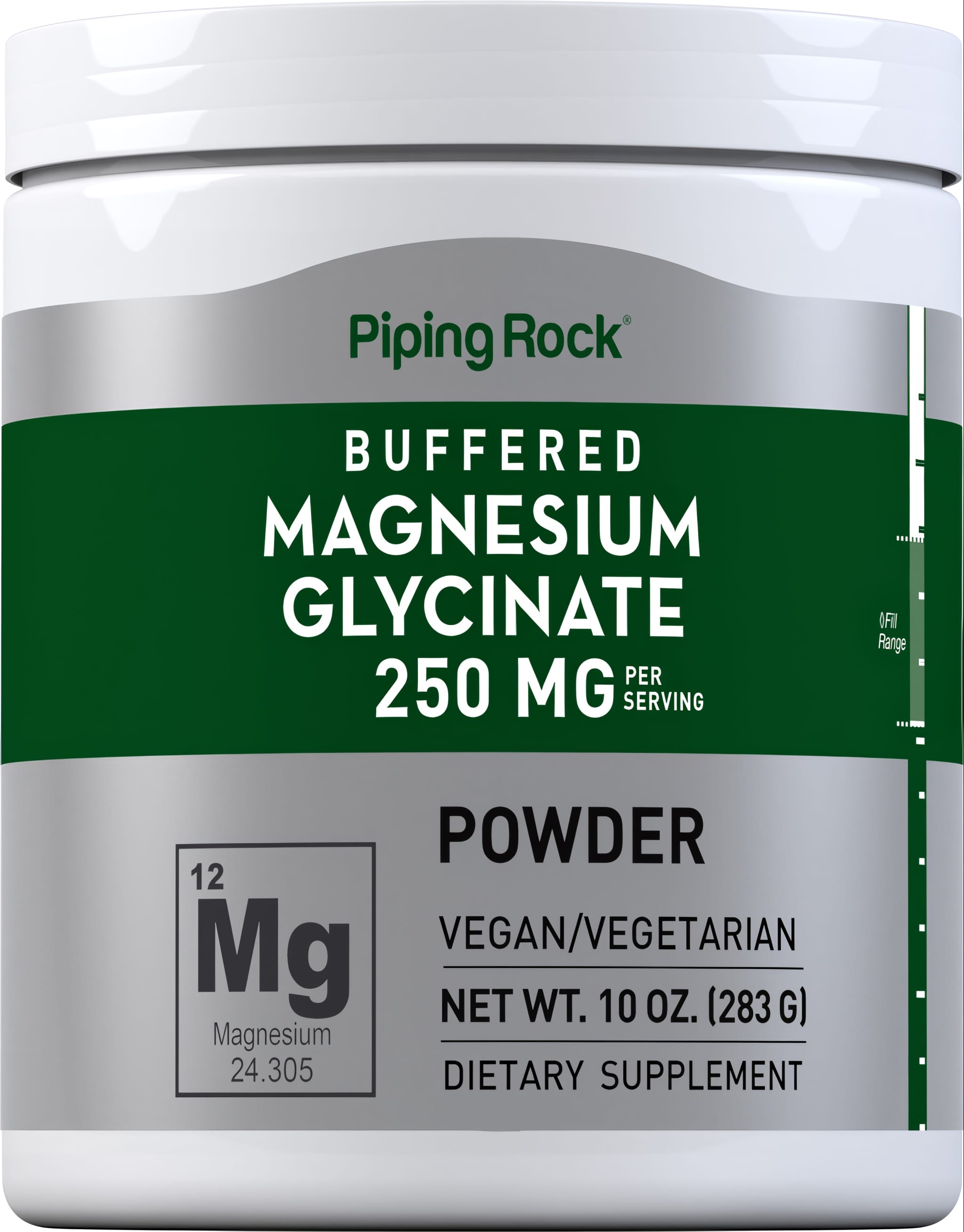 Supplement powder: Buffered Magnesium Glycinate, 250 mg per serving, vegan/vegetarian, net weight 10 oz (283 g).