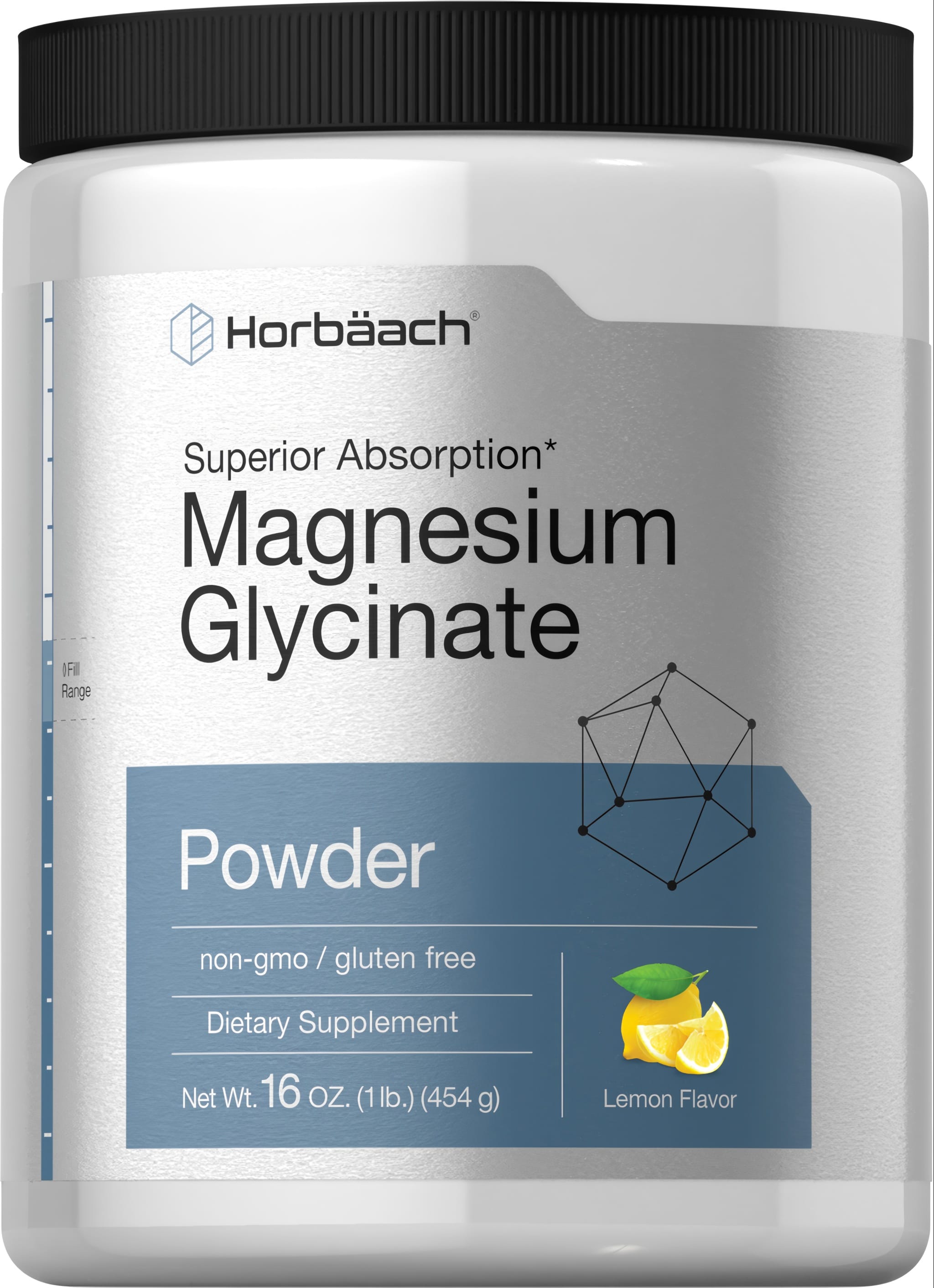 Magnesium Glycinate Powder, lemon flavor, 16 oz (1 lb) 454 g bottle.