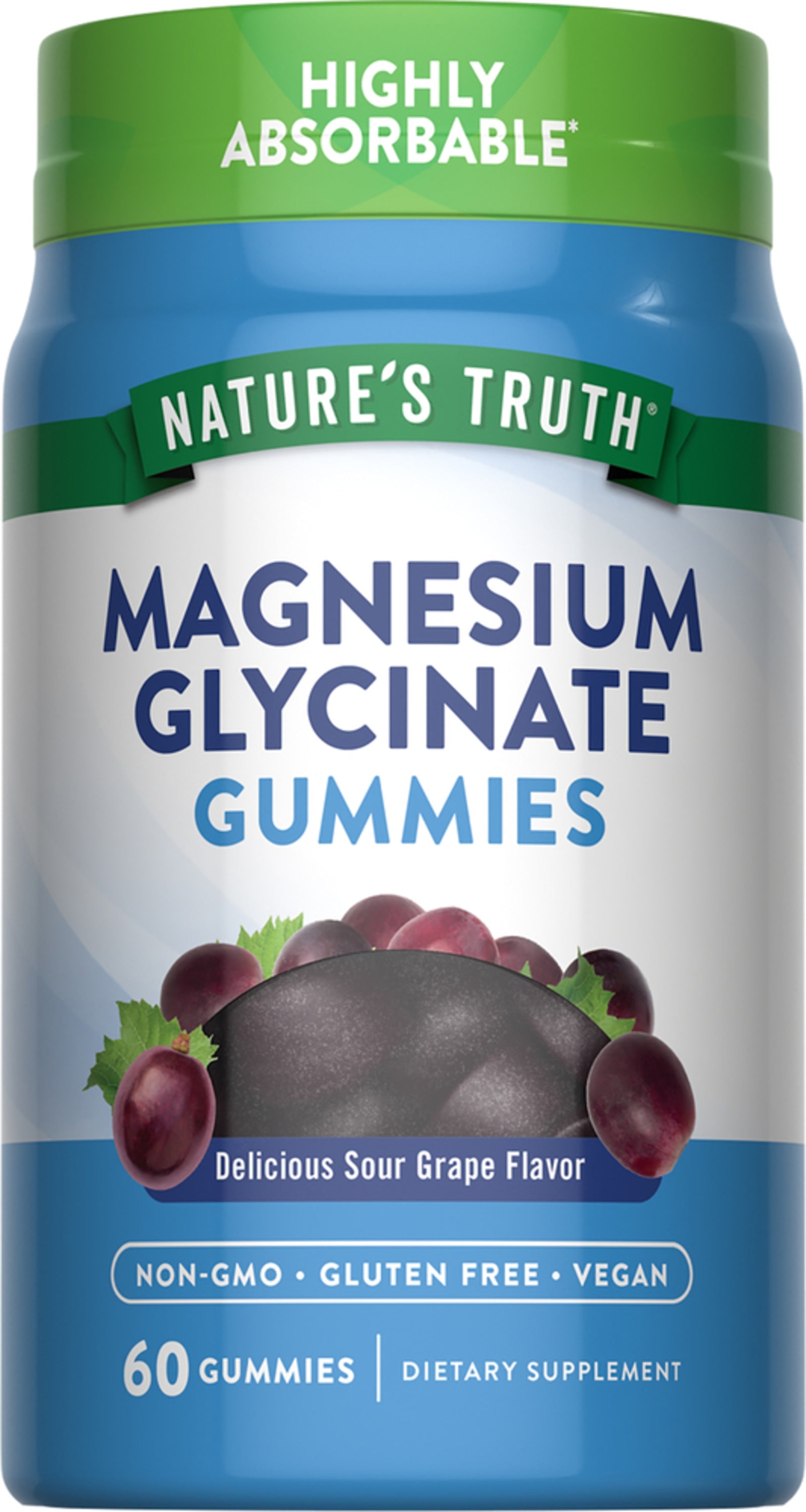 Nature's Truth Magnesium Glycinate 60 Gummies, Sour Grape Flavor. Highly Absorbable, Non-GMO, Gluten Free, Vegan, Dietary Supplement.