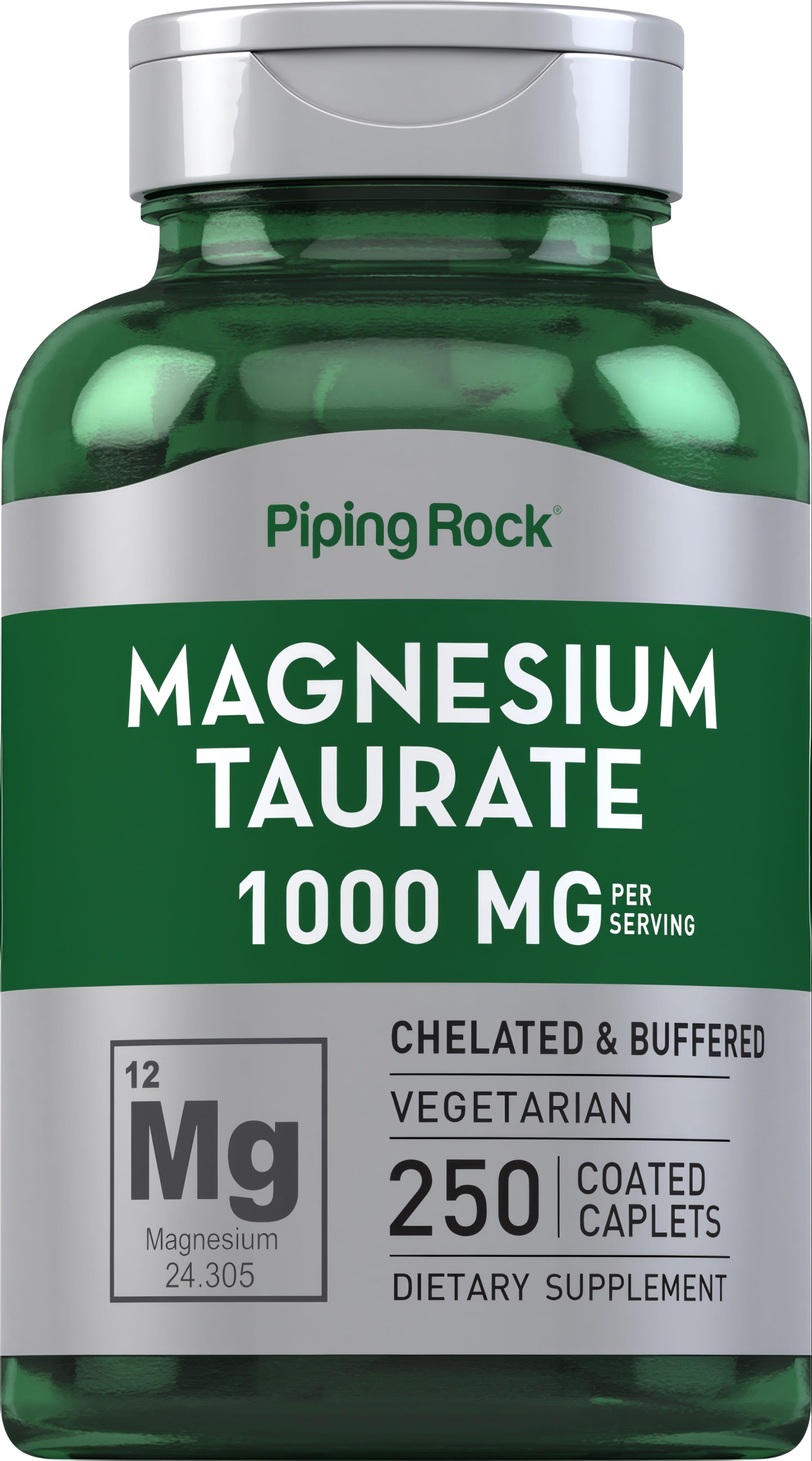 Magnesium Taurate 1000 mg per serving with 250 coated caplets. Chelated and buffered, vegetarian dietary supplement.