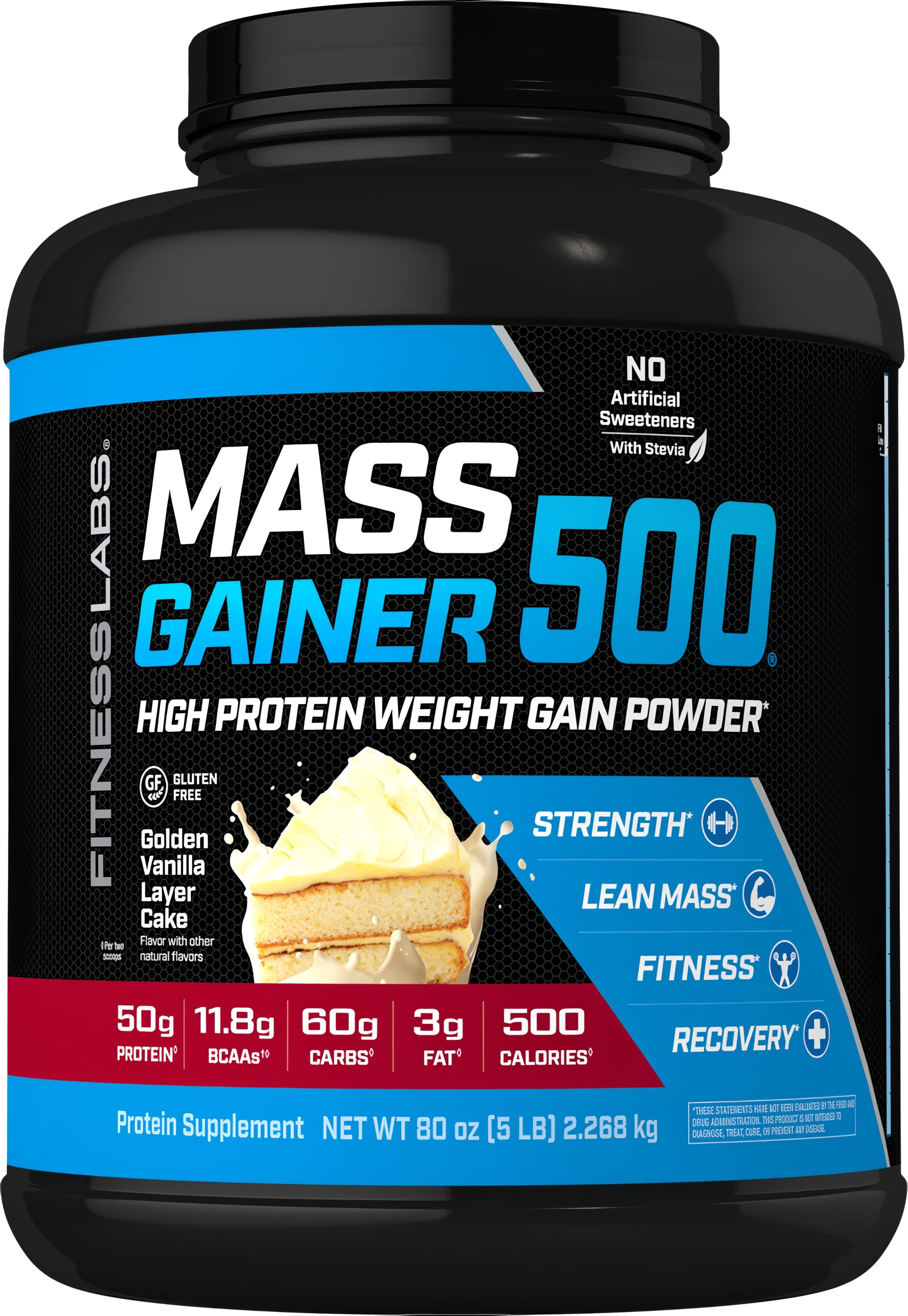 FL Gainer 500 Vanilla 5 lbs Weight Gain Powder. Golden Vanilla Layer Cake flavor, gluten free, no artificial sweeteners.
