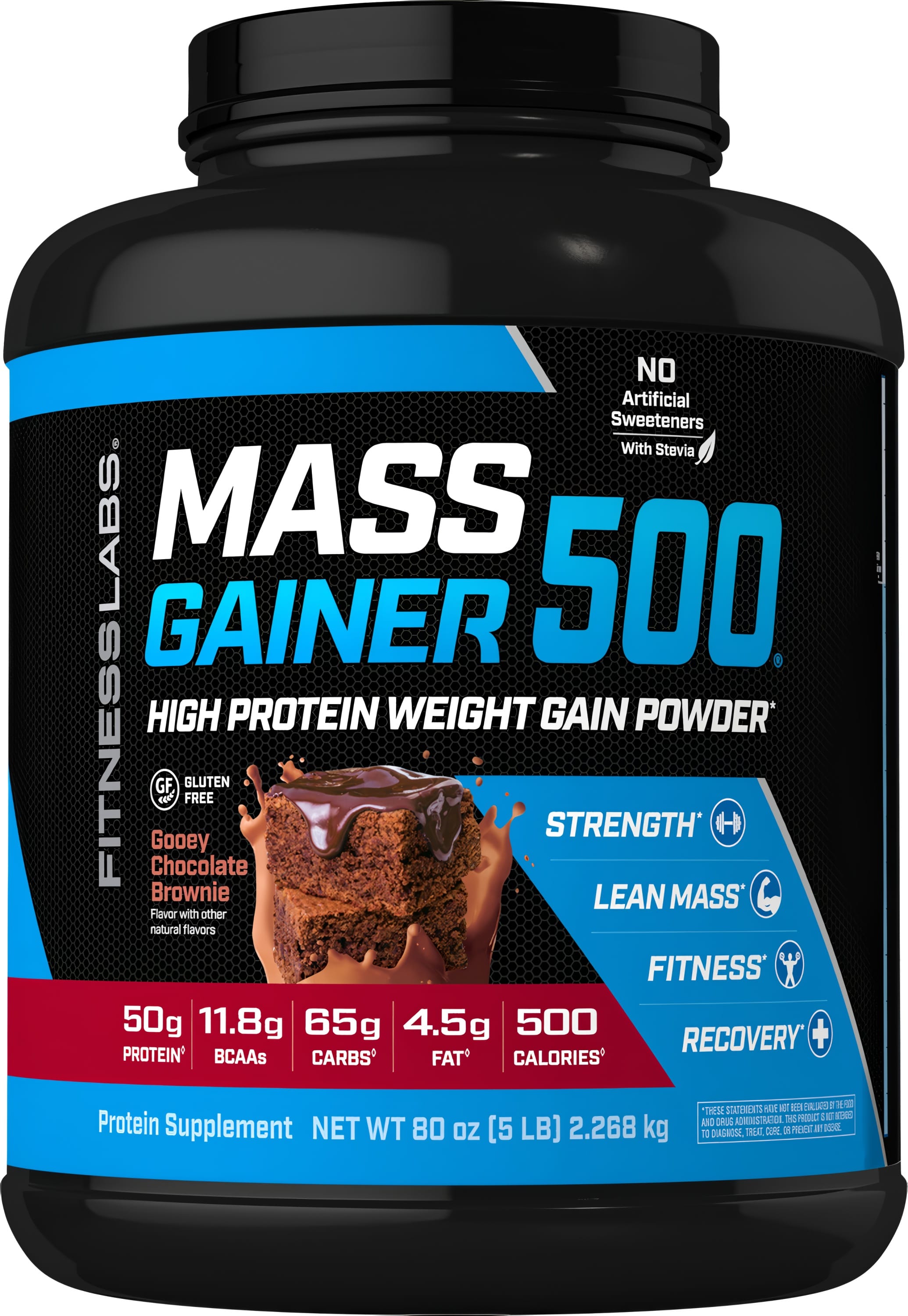 MASS GAINER 500 High Protein Weight Gain Powder, Gooey Chocolate Brownie flavor in an 80 oz (5 LB) tub.