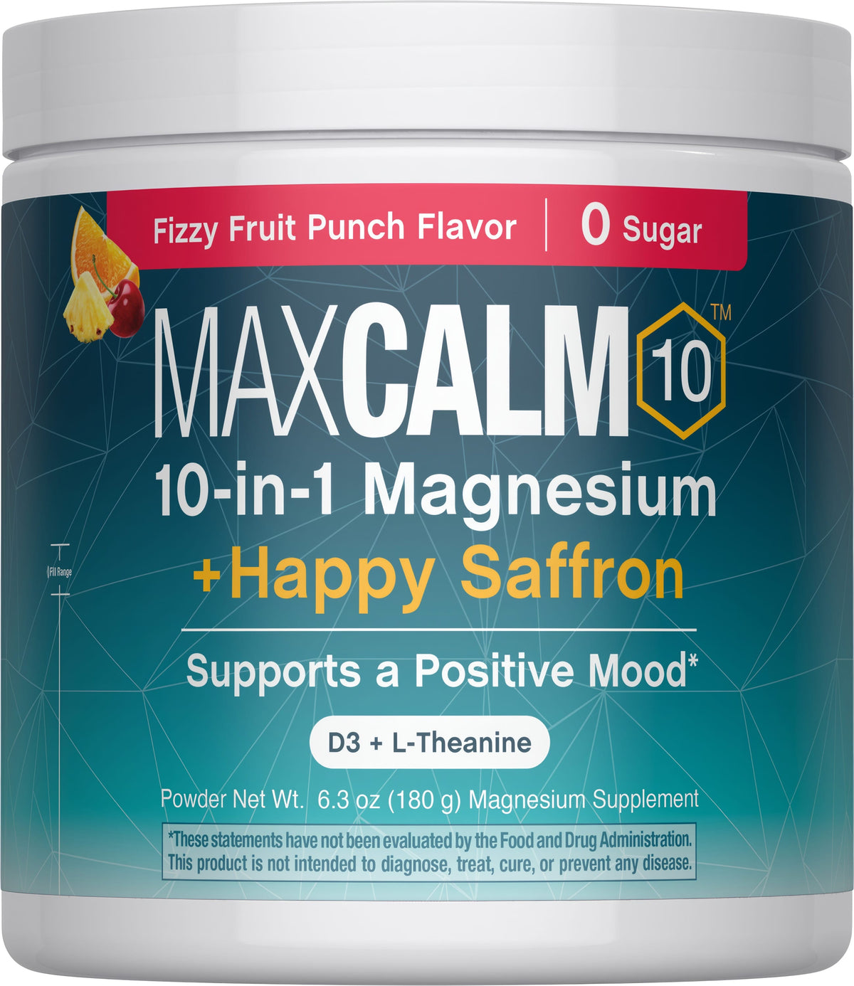 MAXCALM 10 10-in-1 Magnesium + Happy Saffron in a Fizzy Fruit Punch flavor, no sugar, weighing 6.3 oz (180 g).