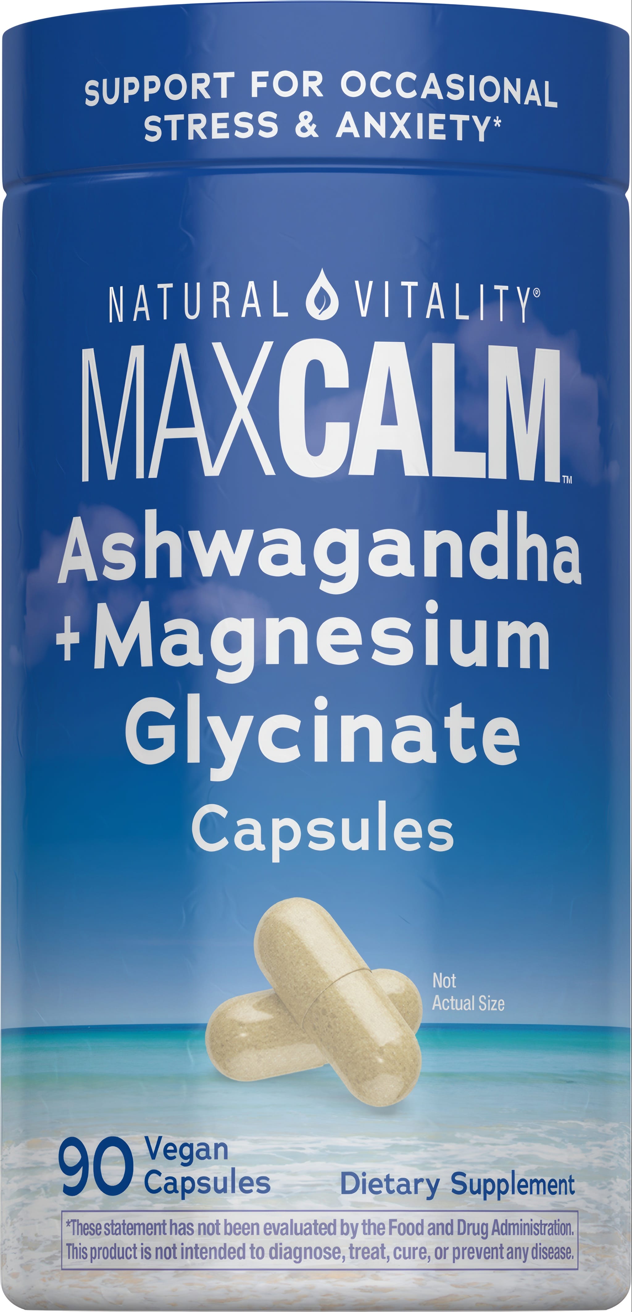 Natural Vitality MaxCalm Ashwagandha plus Magnesium Glycinate, 90 vegan capsules, dietary supplement bottle.