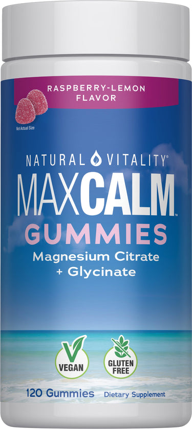 Natural Vitality MaxCalm Magnesium Citrate plus Glycinate Gummies, Raspberry-Lemon Flavor, 120 count. Vegan, Gluten-Free.