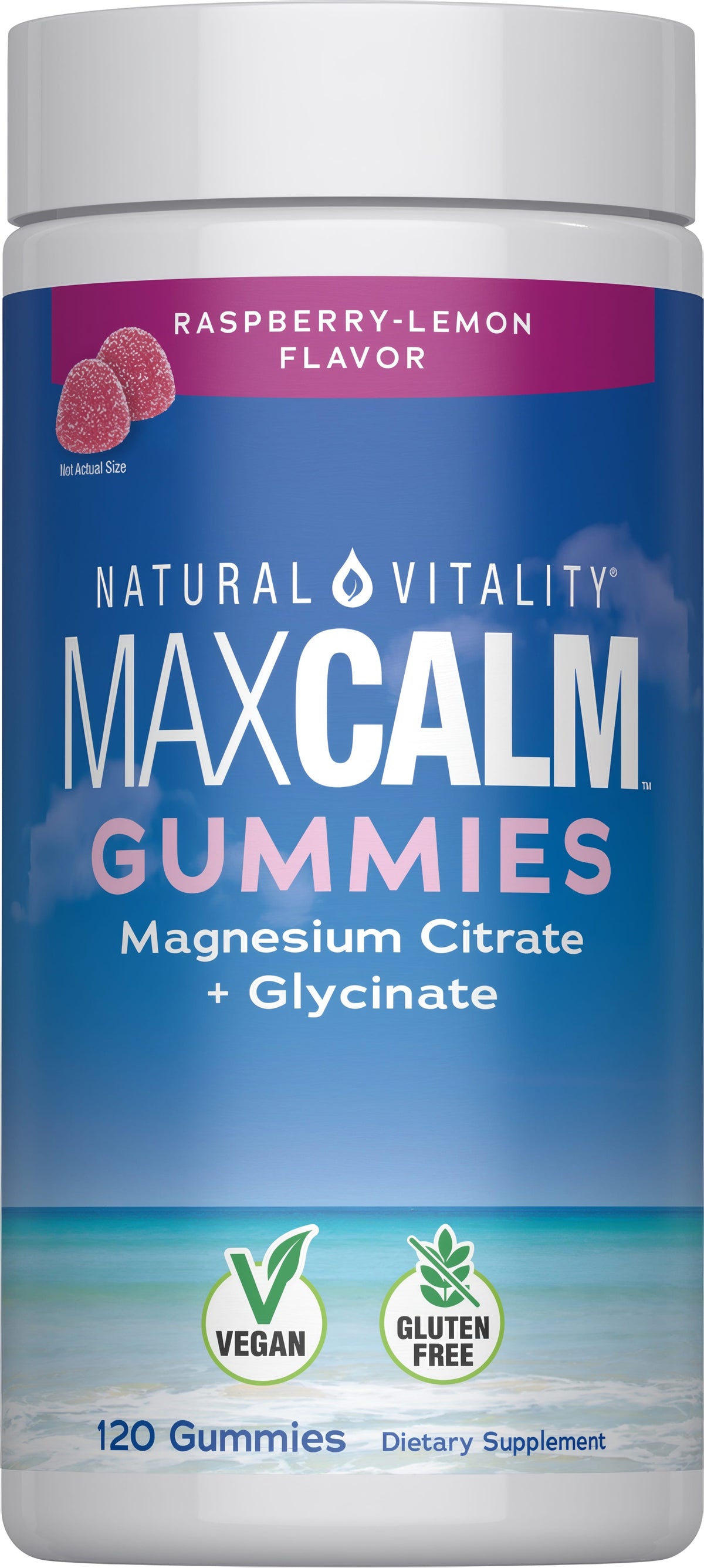 Natural Vitality MaxCalm Magnesium Citrate plus Glycinate Gummies, Raspberry-Lemon Flavor, 120 count. Vegan, Gluten-Free.