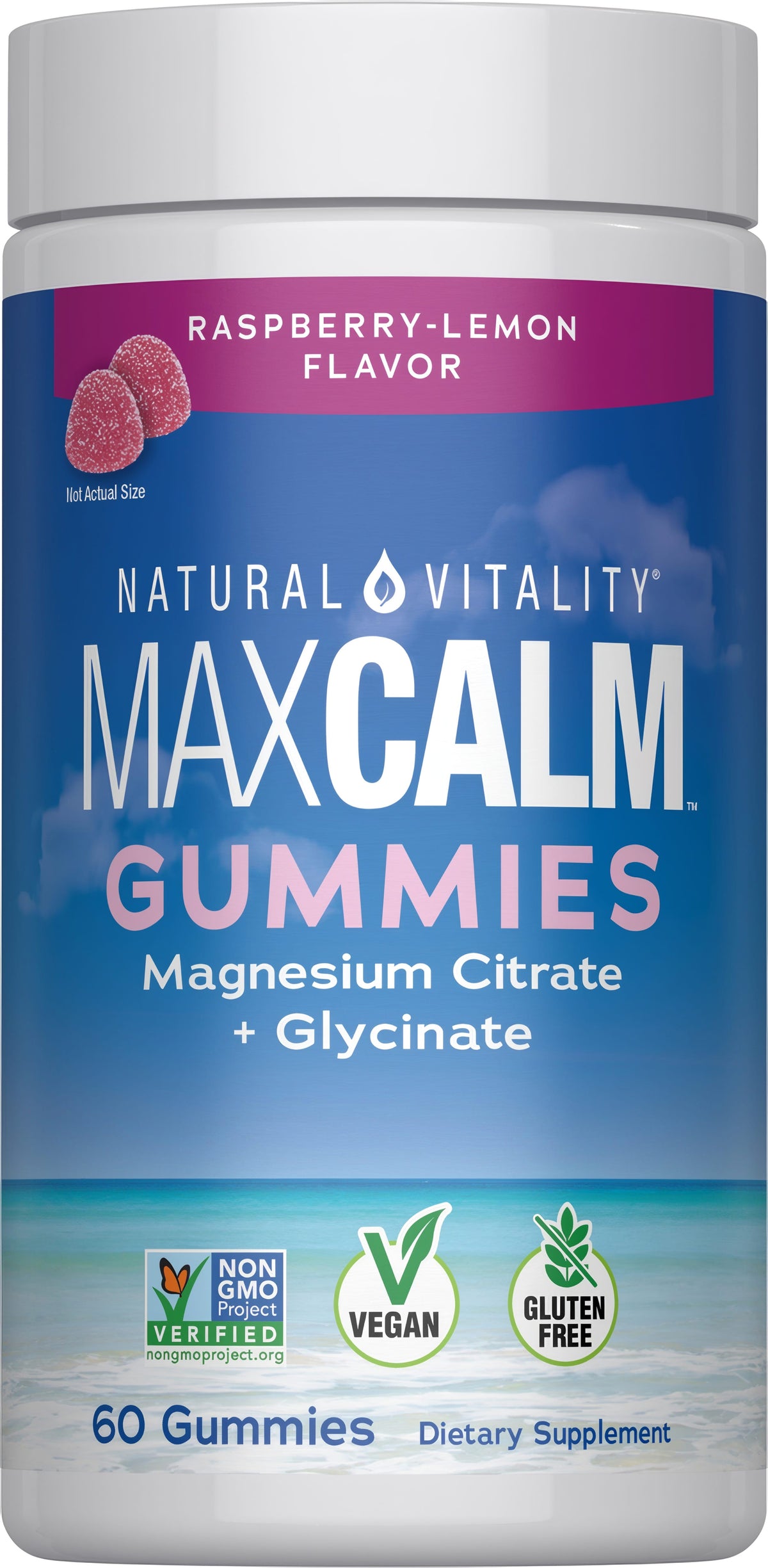 Natural Vitality MaxCalm Gummies, Raspberry-Lemon flavor, with magnesium citrate and glycinate, 60 gummies, dietary supplement.