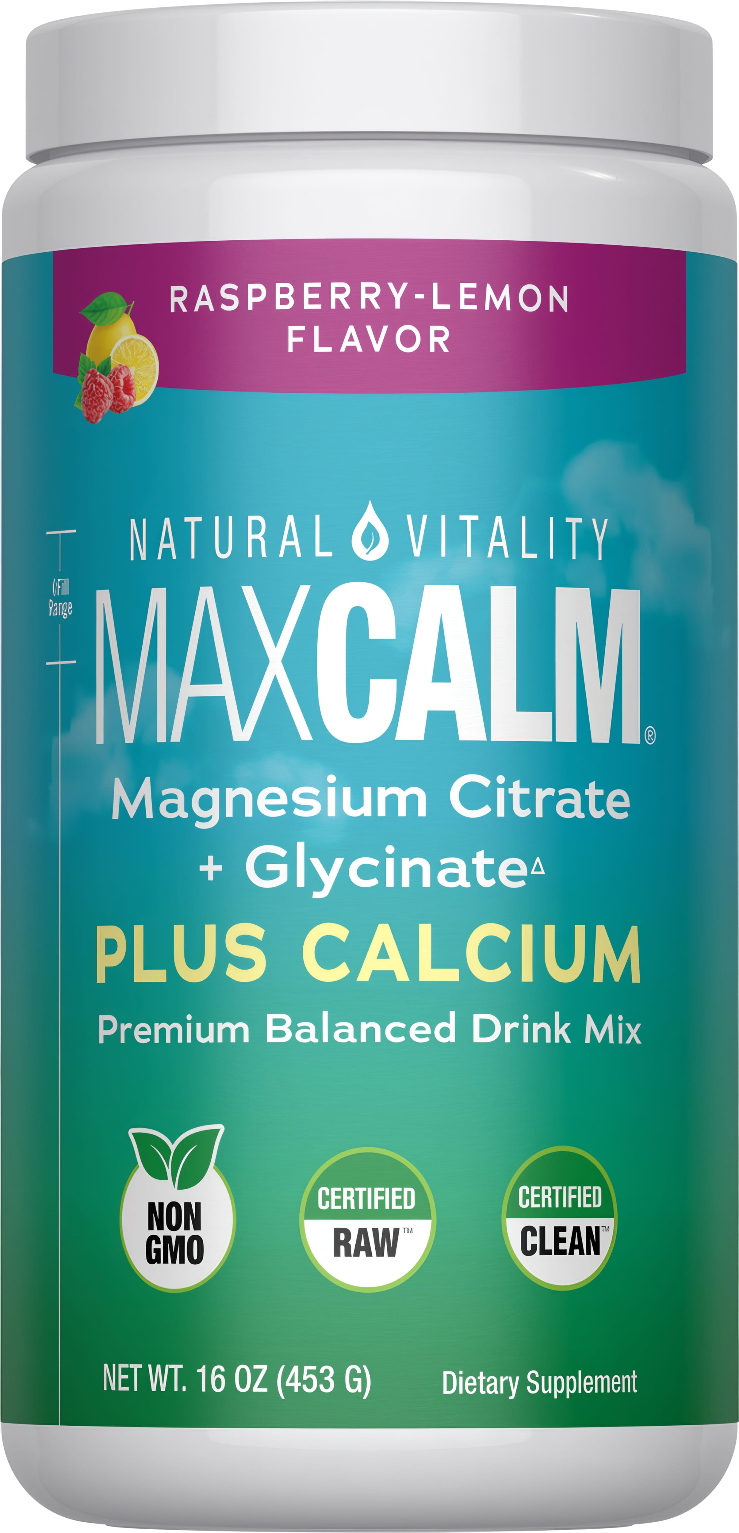 Natural Vitality MaxCalm magnesium citrate and glycinate with calcium drink mix, raspberry-lemon, 16 oz (453 G).