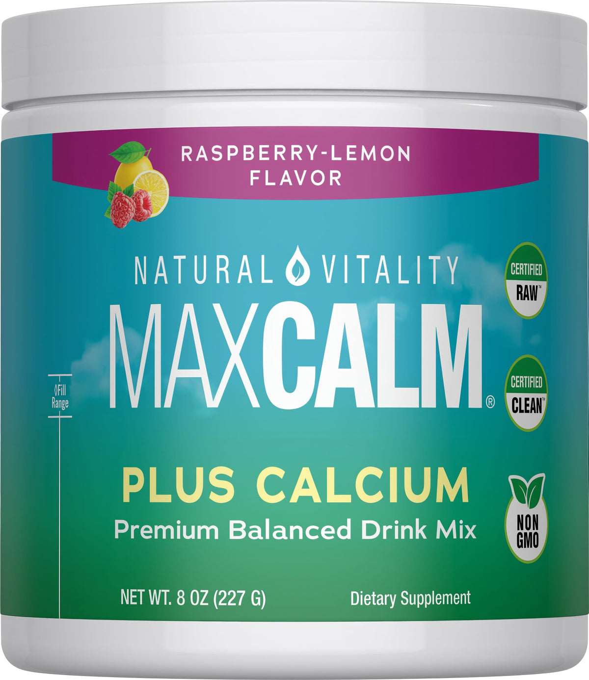 Natural Vitality MaxCalm Plus Calcium Raspberry-Lemon Flavor is a premium balanced drink mix, 8 oz (227 G).