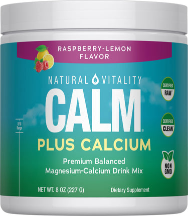 Natural Vitality Calm Plus Calcium Raspberry-Lemon Flavor drink mix, balanced magnesium and calcium, net weight 8 OZ (227 G).