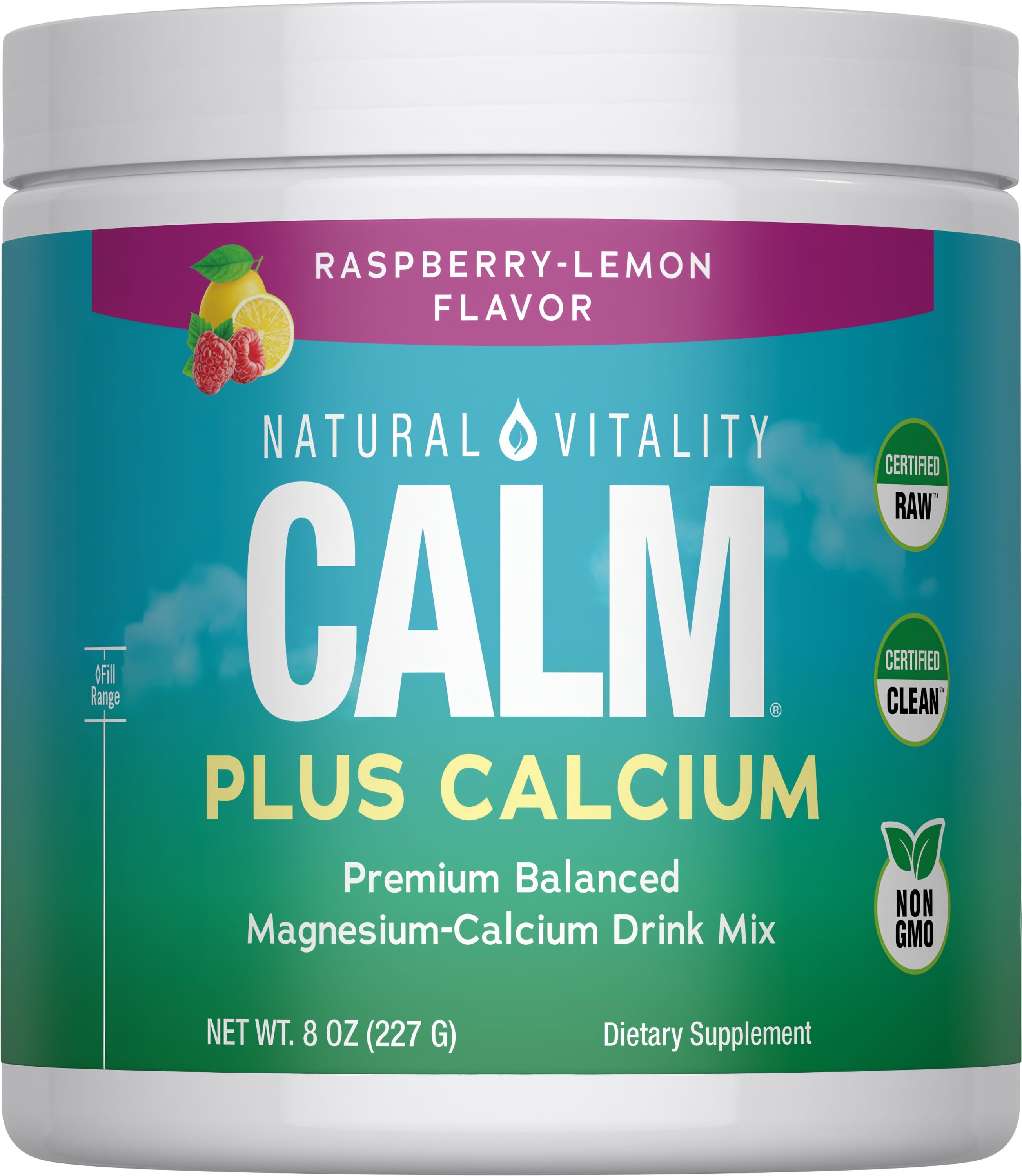 Natural Vitality Calm Plus Calcium Raspberry-Lemon Flavor drink mix, balanced magnesium and calcium, net weight 8 OZ (227 G).