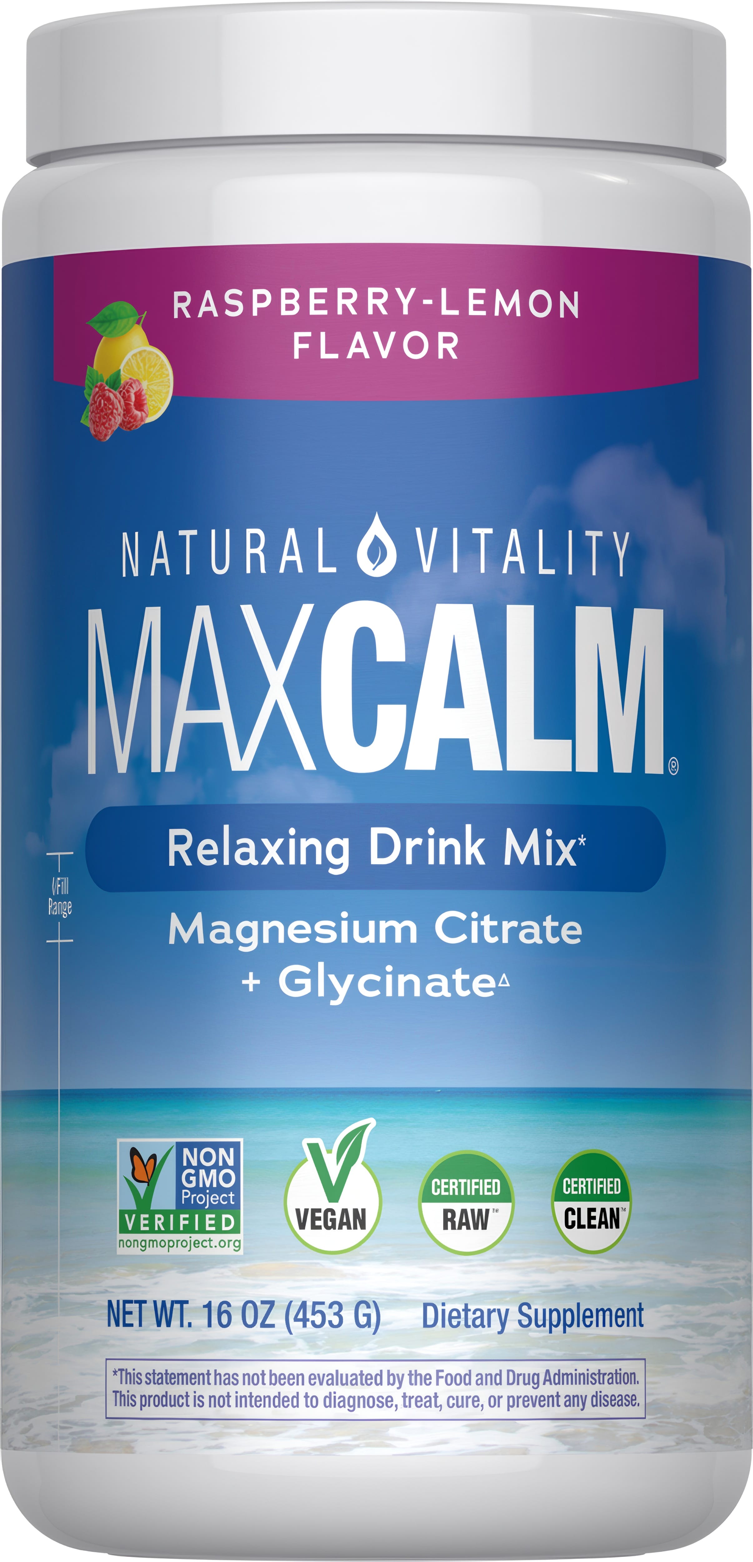 Natural Vitality MaxCalm Raspberry-Lemon Drink Mix with Magnesium Citrate and Glycinate, 16 oz (453 g) relaxing supplement.