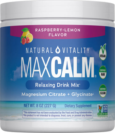 NATURAL VITALITY MAXCALM Relaxing Drink Mix, Raspberry-Lemon Flavor, with Magnesium Citrate and Glycinate, 8 OZ (227 G).