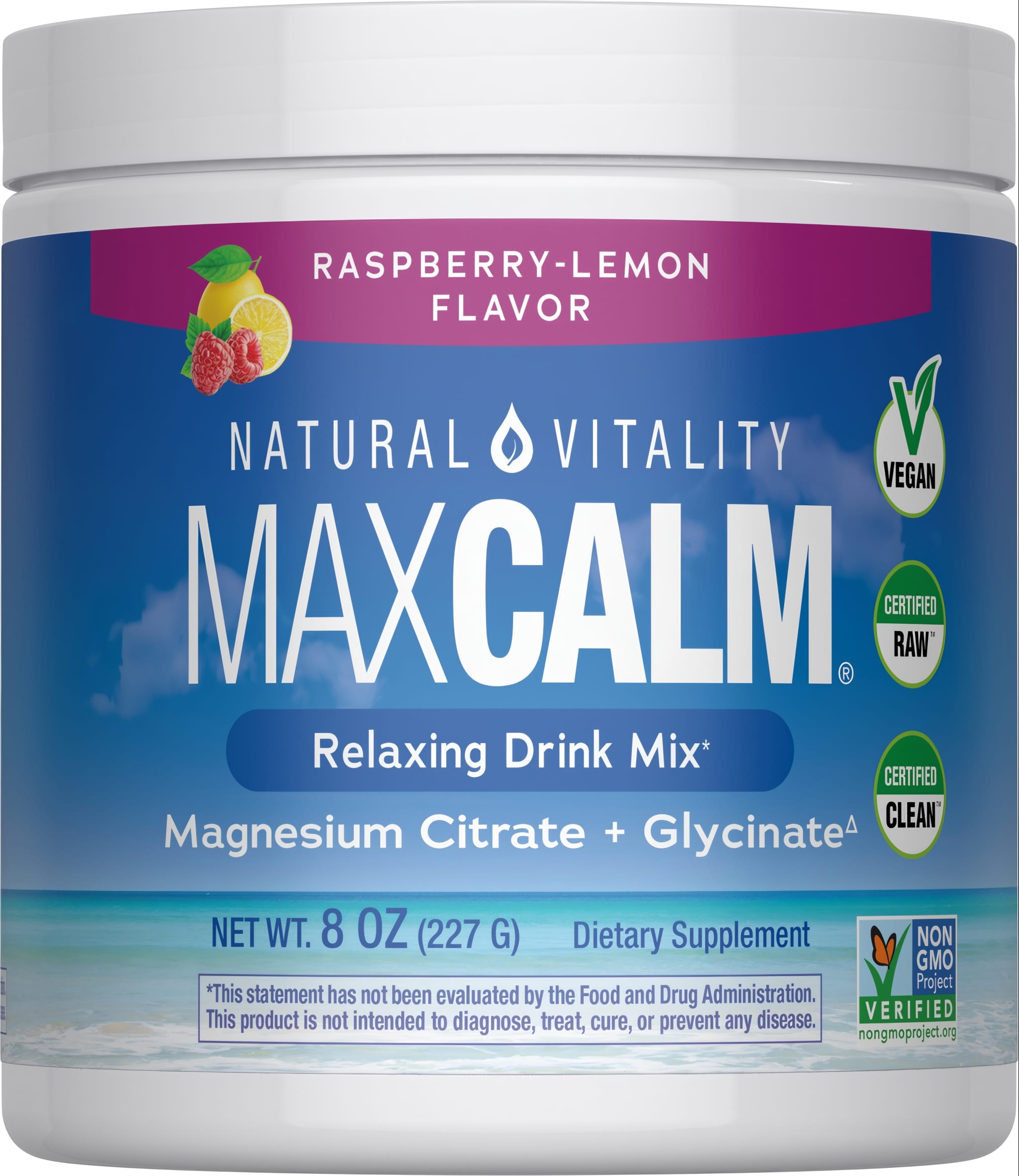 Natural Vitality MaxCalm Raspberry-Lemon Flavor, Relaxing Drink Mix with Magnesium Citrate + Glycinate, 8 OZ (227 G) Dietary Supplement.